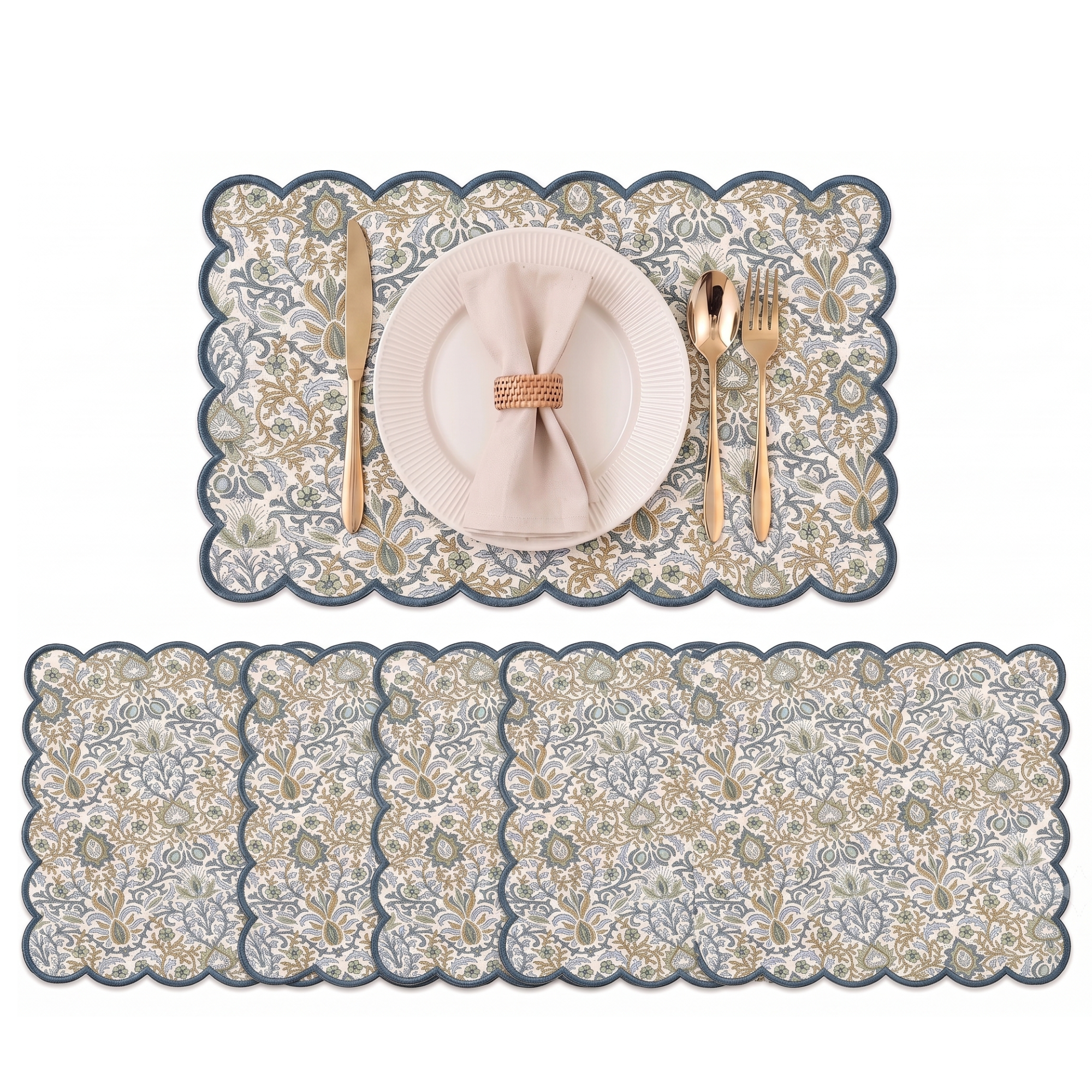 Indigo Blue Floral Cotton Round Placemat RIDHI