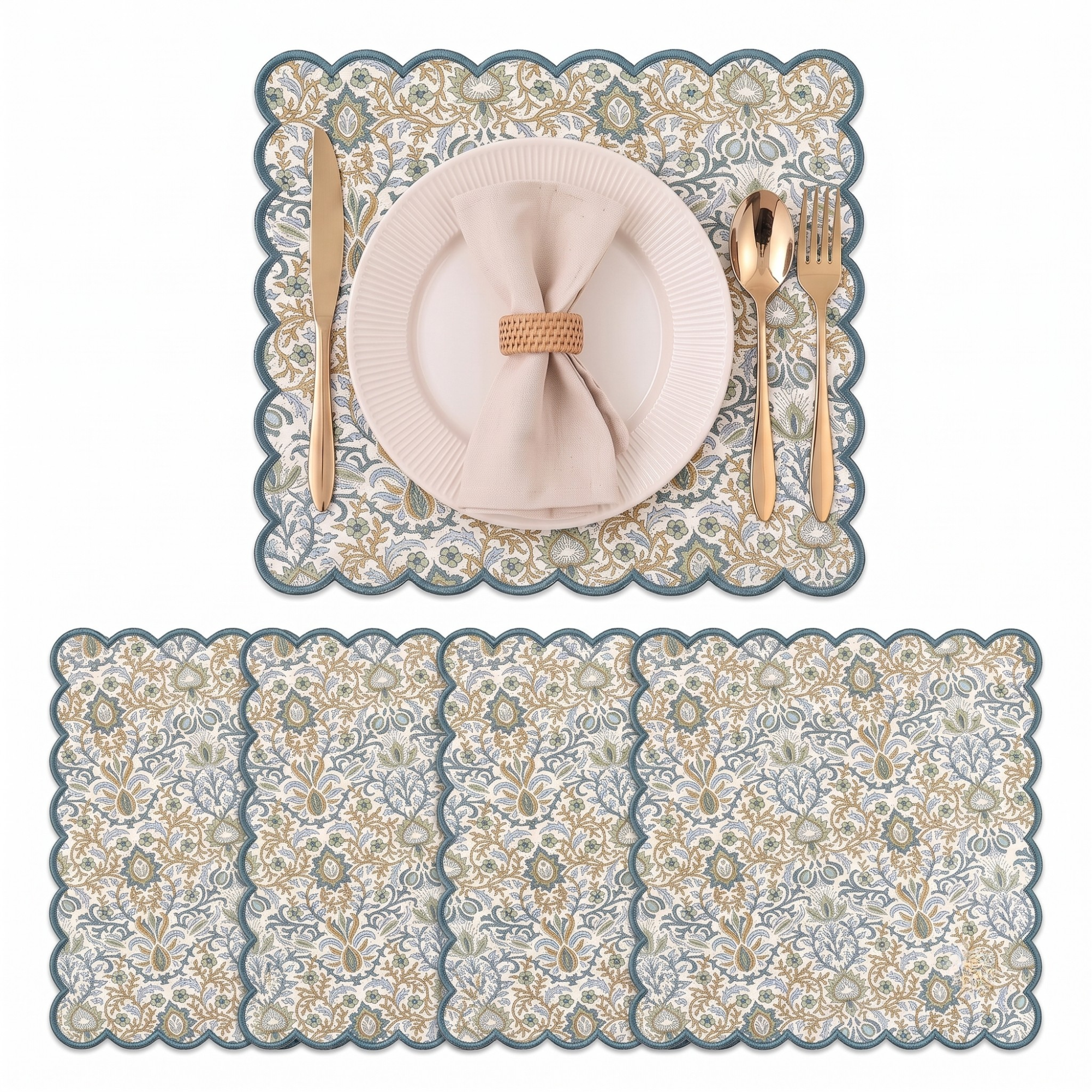 Indigo Blue Floral Cotton Round Placemat RIDHI