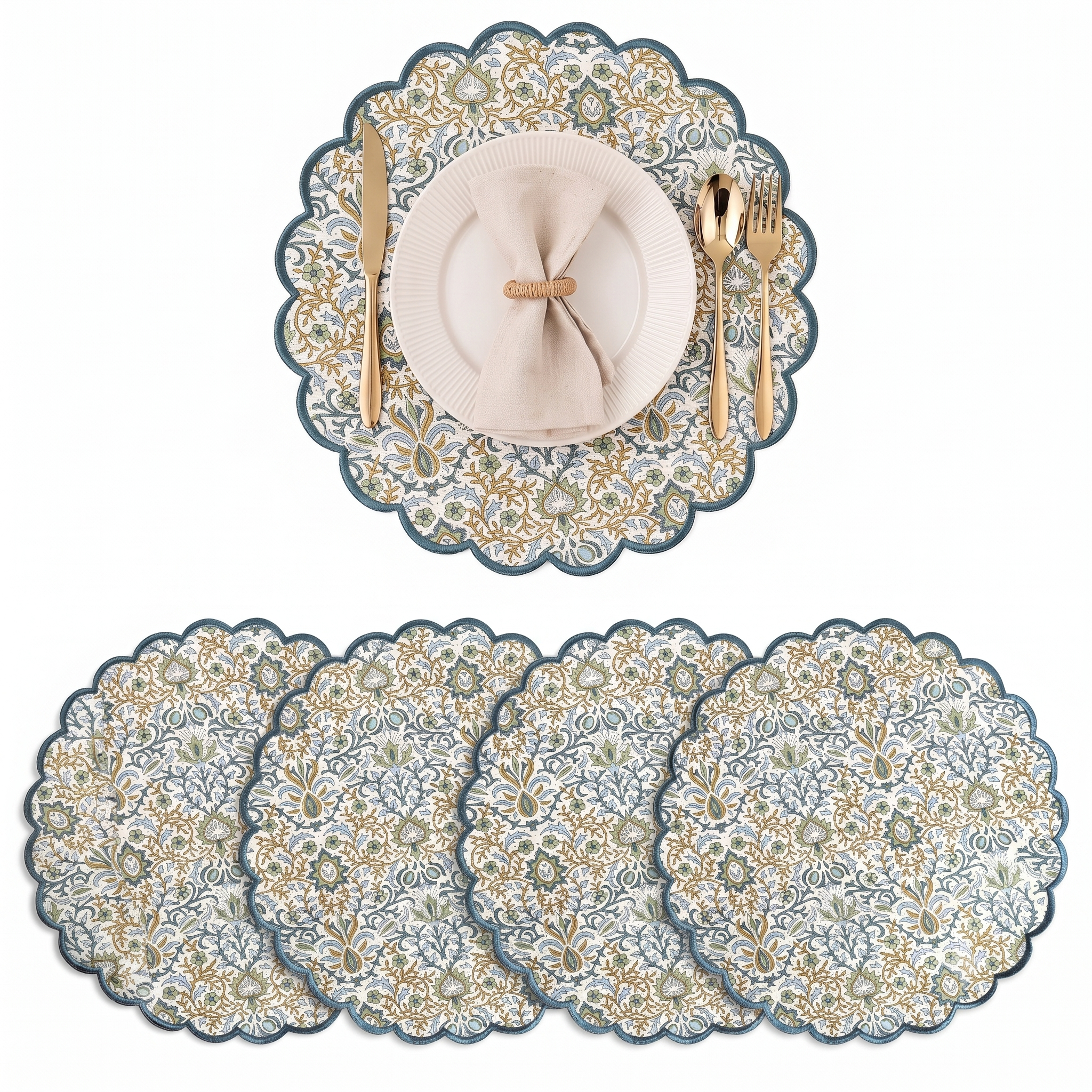 Indigo Blue Floral Cotton Round Placemat RIDHI