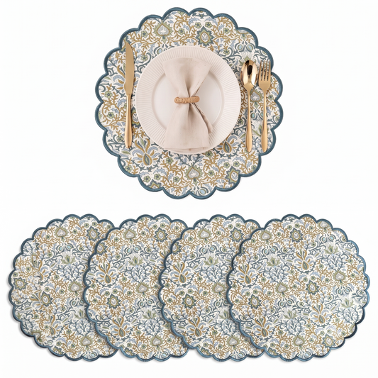 Indigo Blue Floral Cotton Round Placemat RIDHI