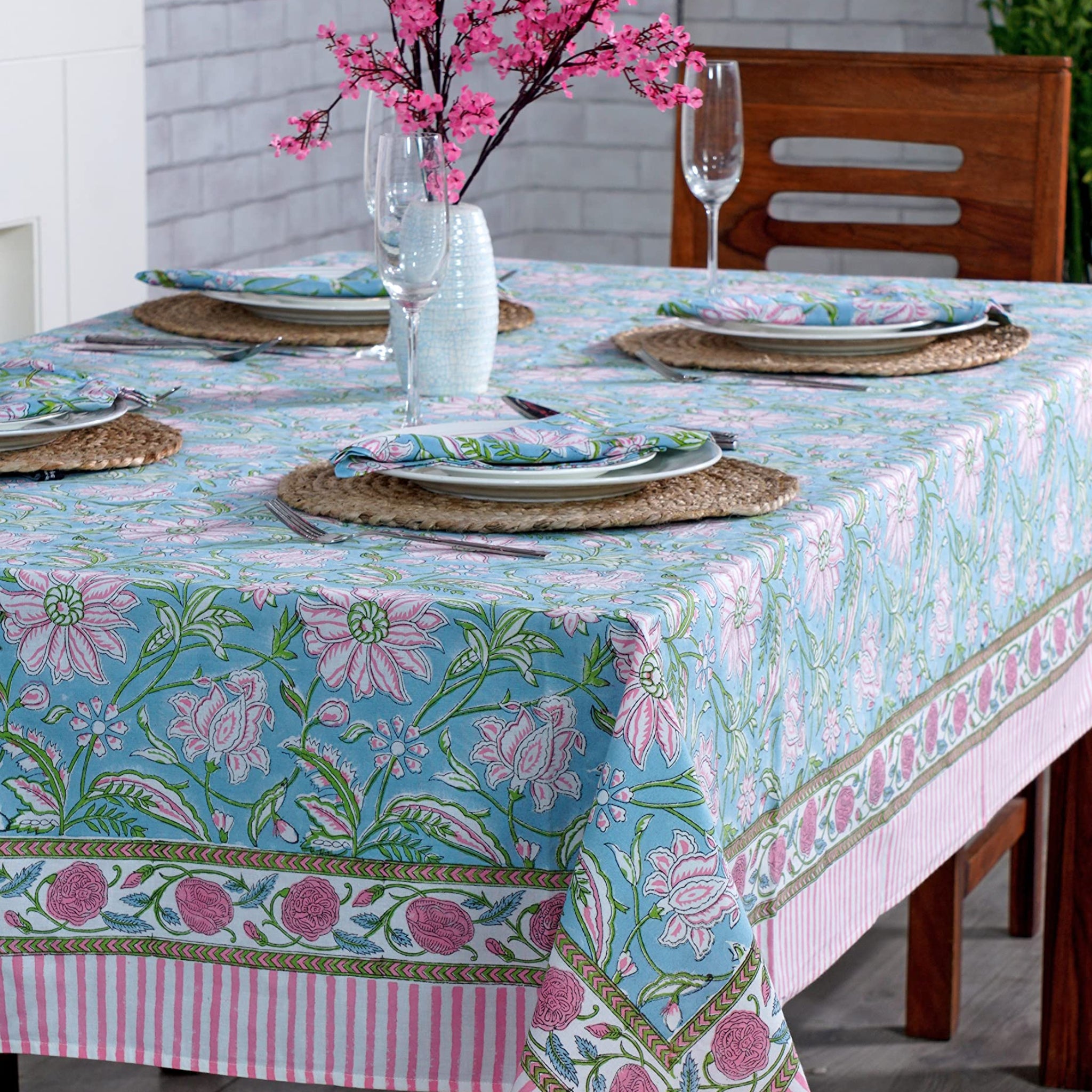 Tablecloth with floral design on a dining table