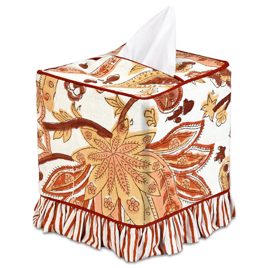 Block Print Ruffle Tissue Box Cover - Kashmiri Saffron Paisley RIDHI