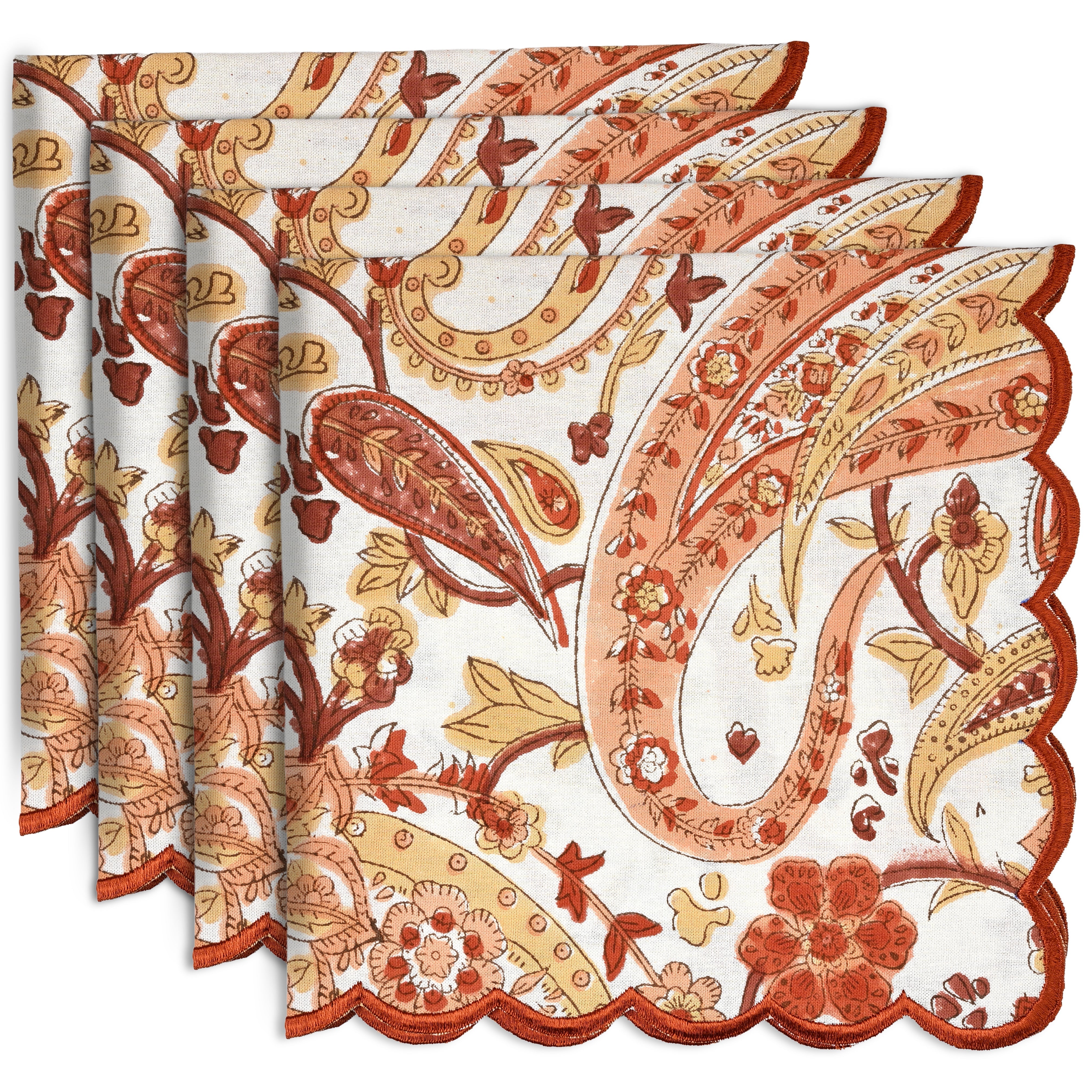 Kashmiri Saffron Paisley Embroidery Napkins Ridhi Block Print
