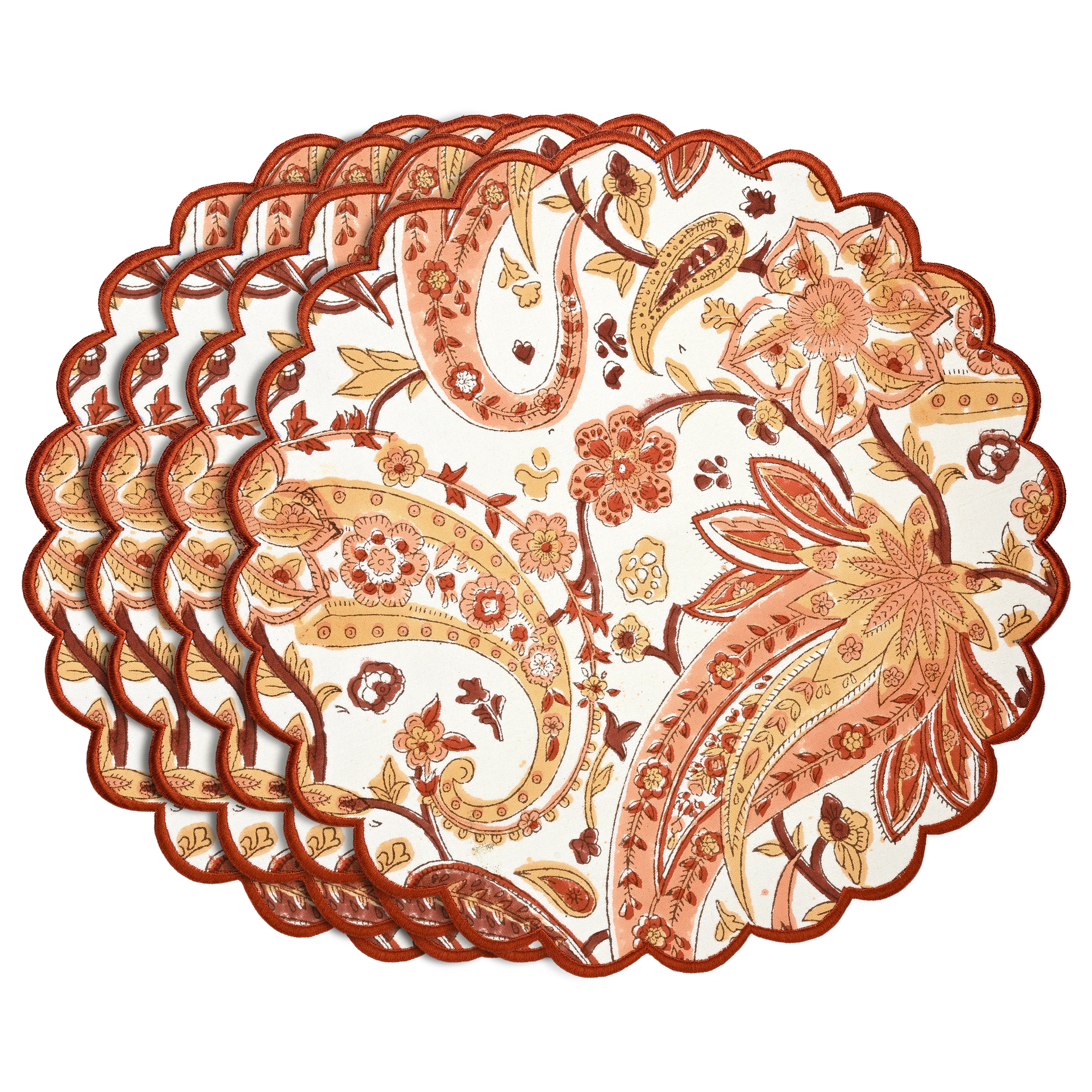 Kashmiri Saffron Paisley Round Placemats Ridhi Block Print