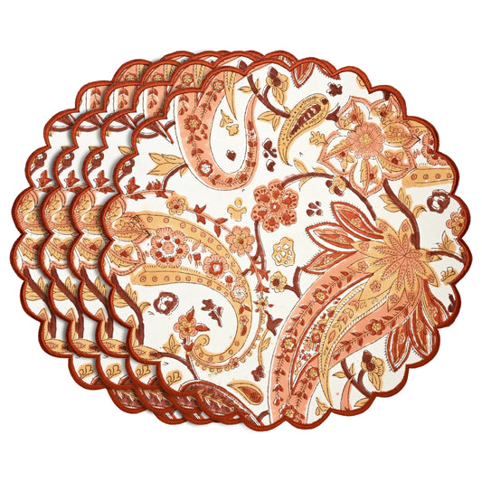 Kashmiri Saffron Paisley Round Placemats Ridhi Block Print