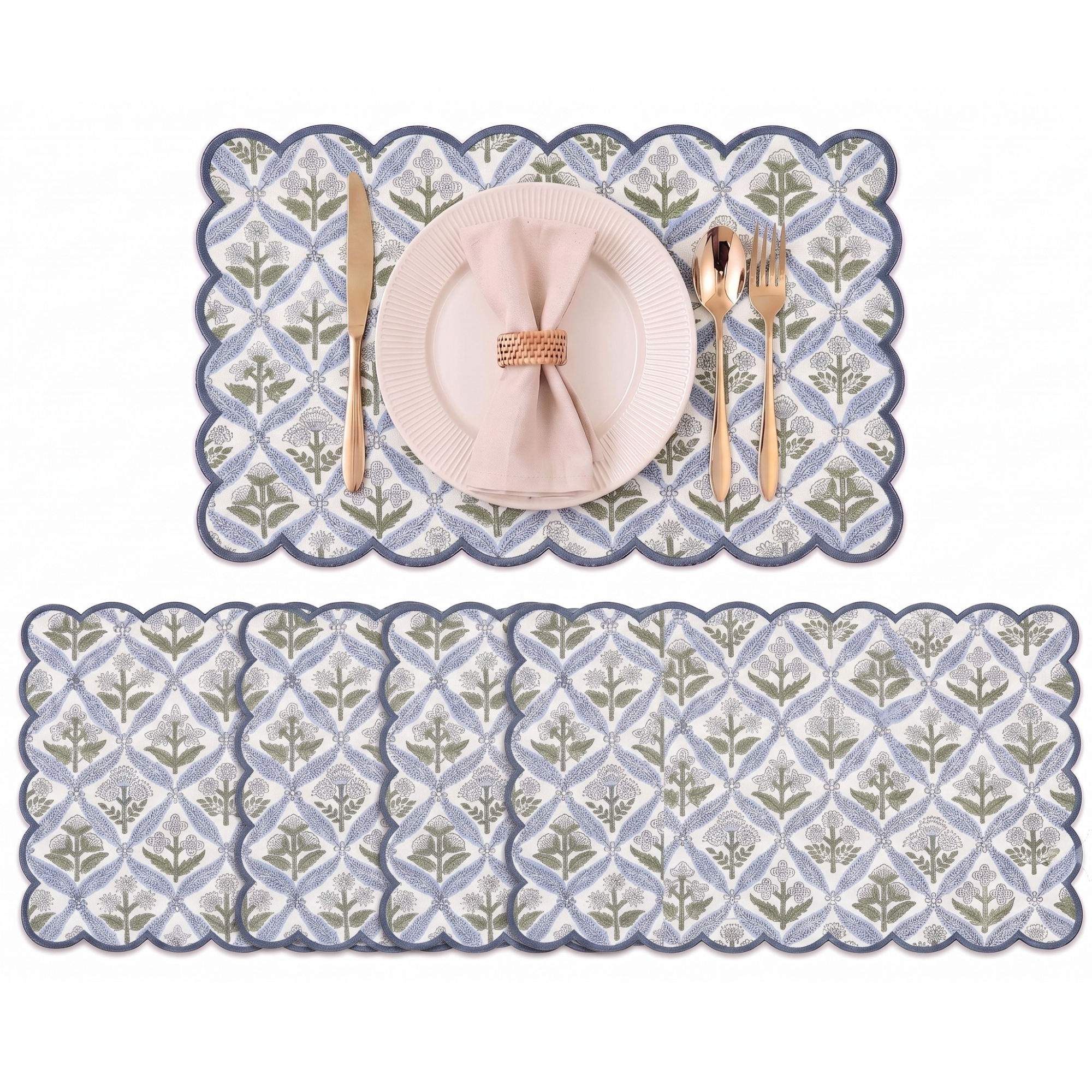 Light Steel Blue Round Placemat Ridhi Block Print