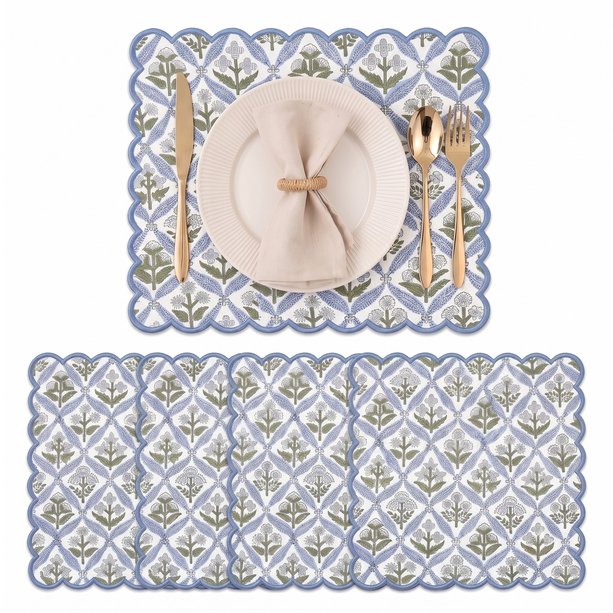 Light Steel Blue Round Placemat Ridhi Block Print