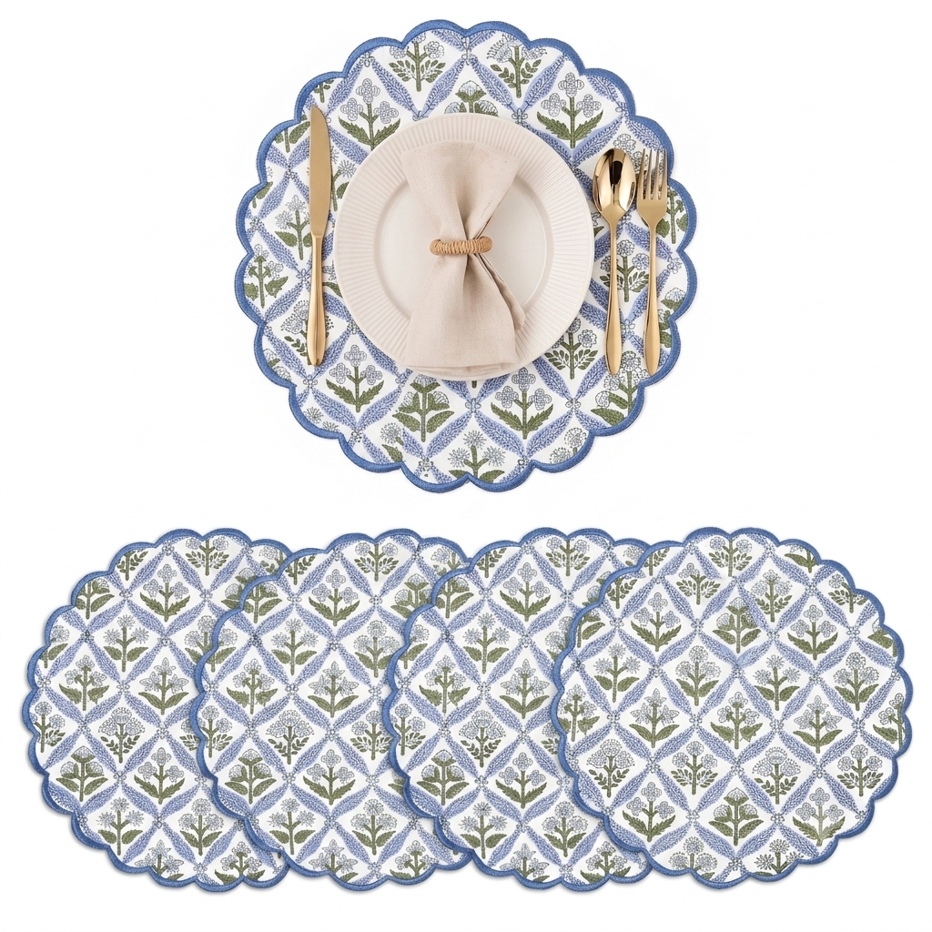 Light Steel Blue Round Placemat Ridhi Block Print