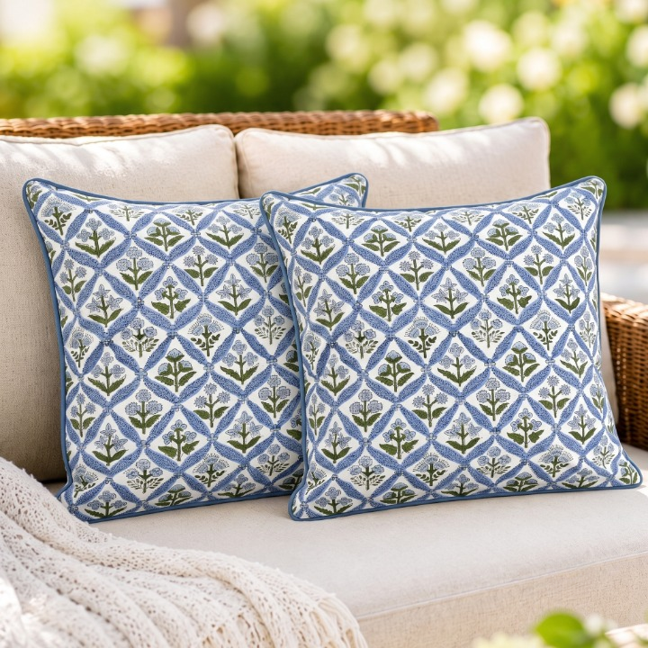 Light Steel Blue Piping Pillow Cover Ridhi Block Print