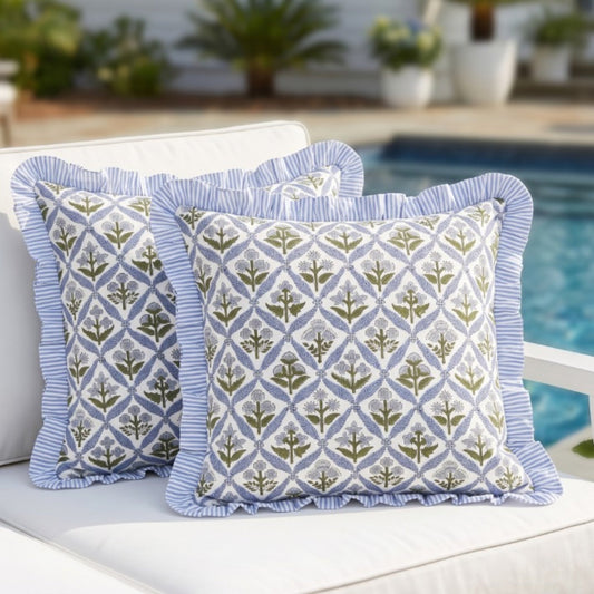 Light Steel Blue Ruffle Pillow Cover Ridhi Block Print