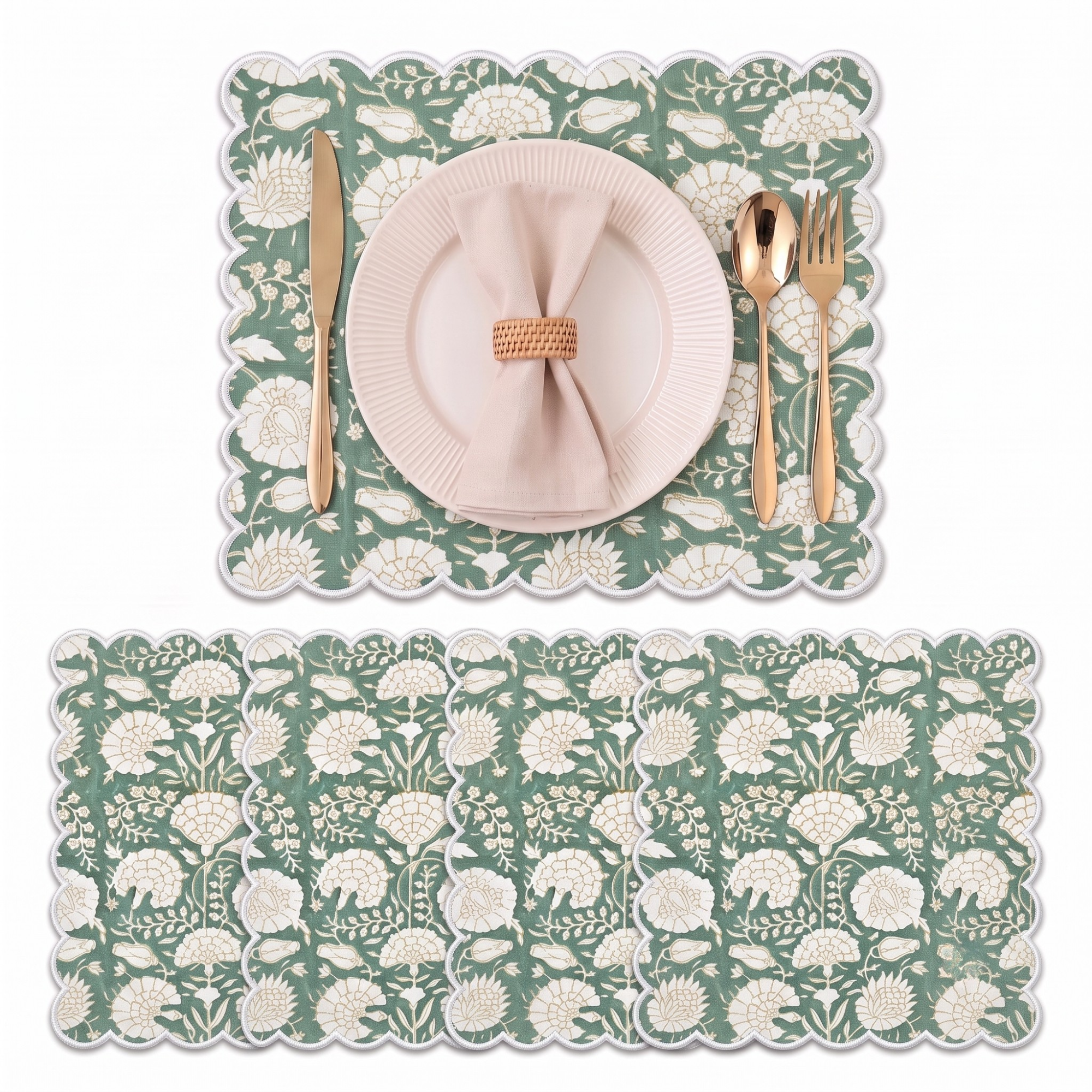 Turquoise Moss Green Round Placemat Ridhi Block Print