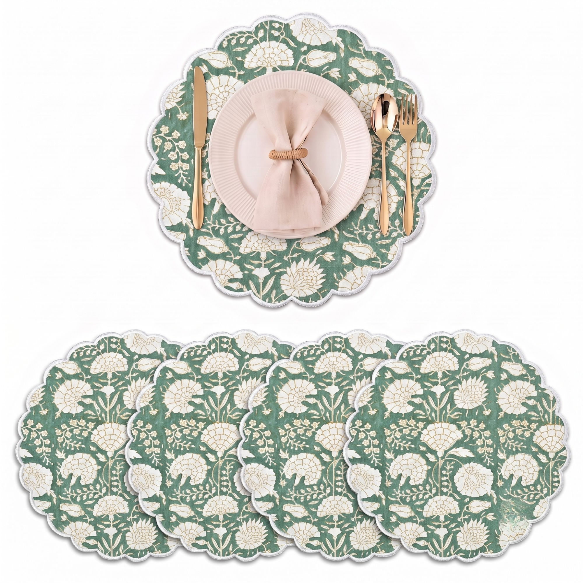 Turquoise Moss Green Round Placemat Ridhi Block Print