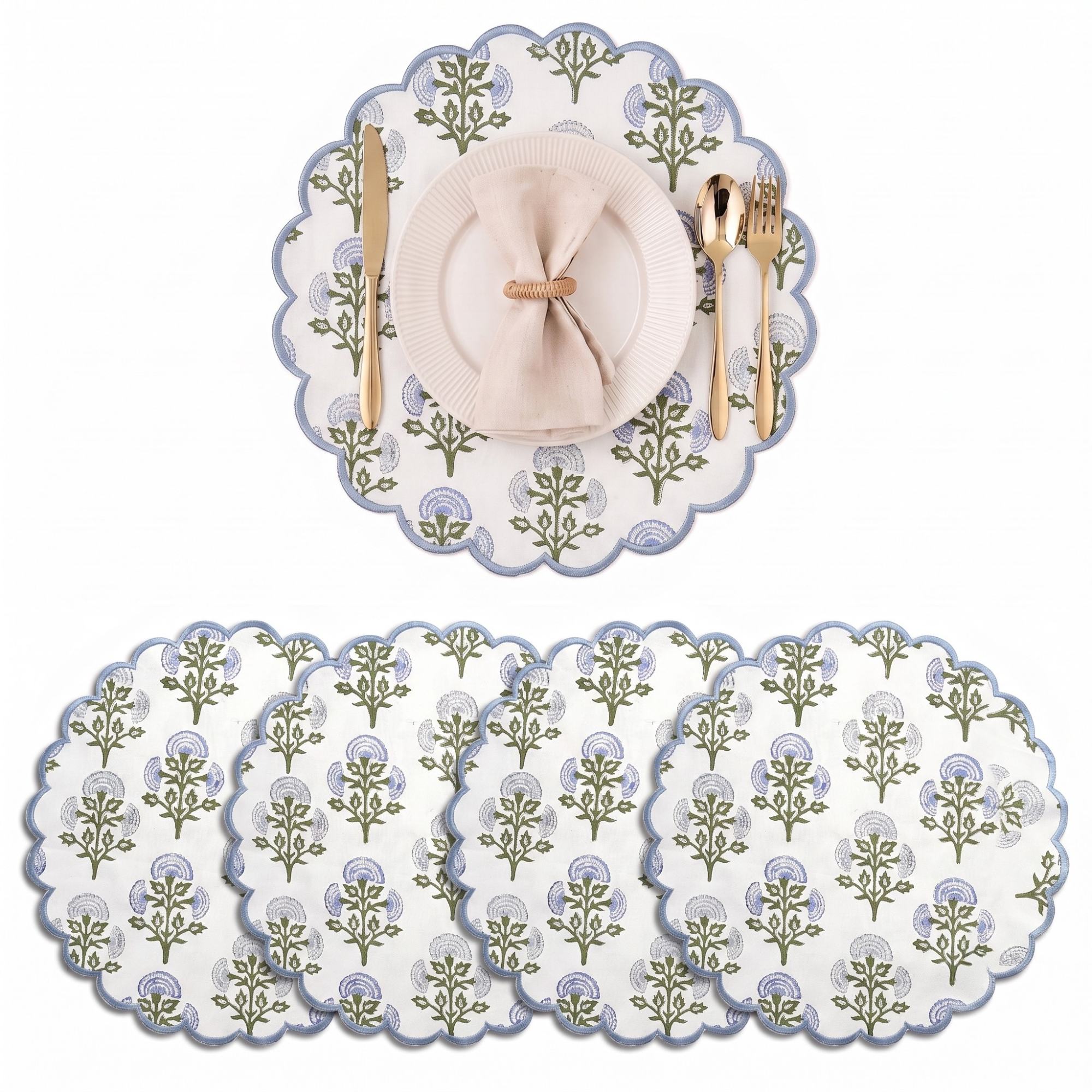 Mughal Buta Blue Cotton Round Placemat RIDHI