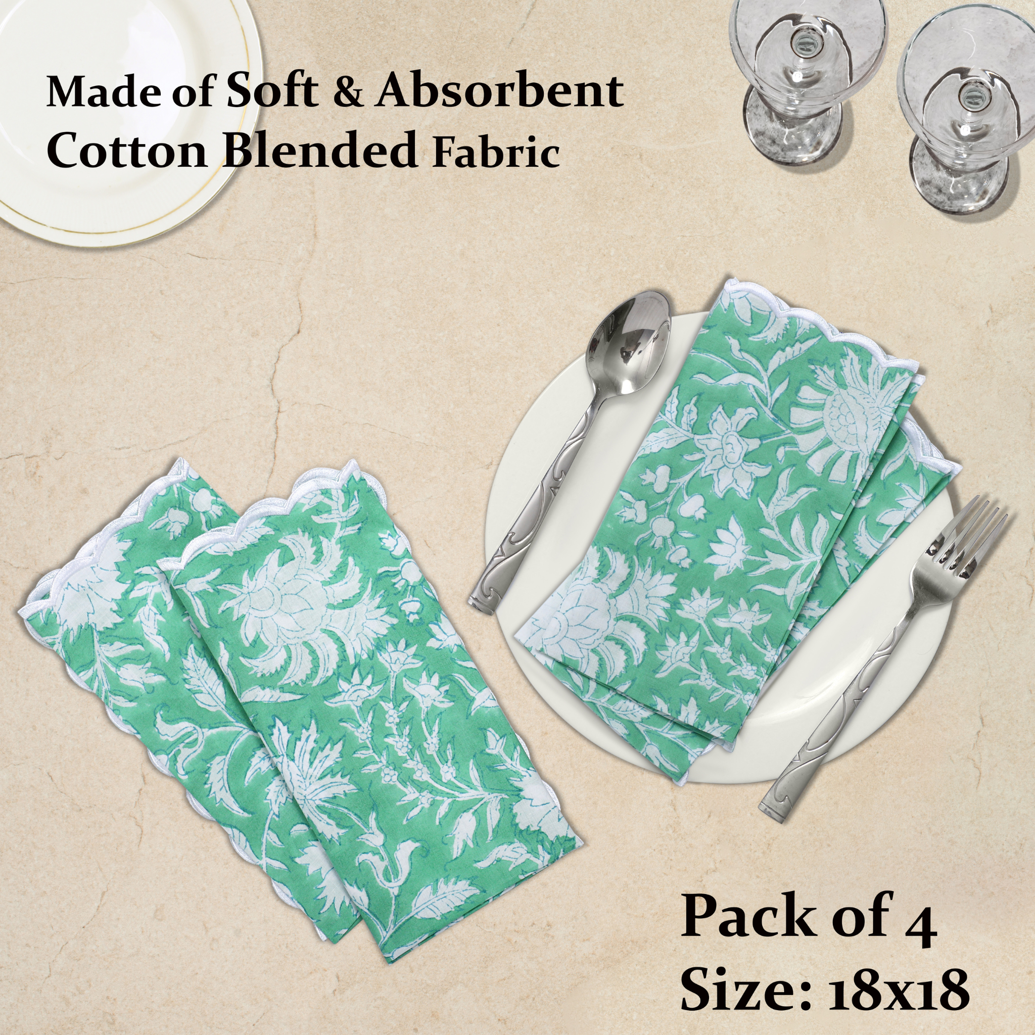 Green floral napkins on a beige surface with cutlery and text about fabric type and size.