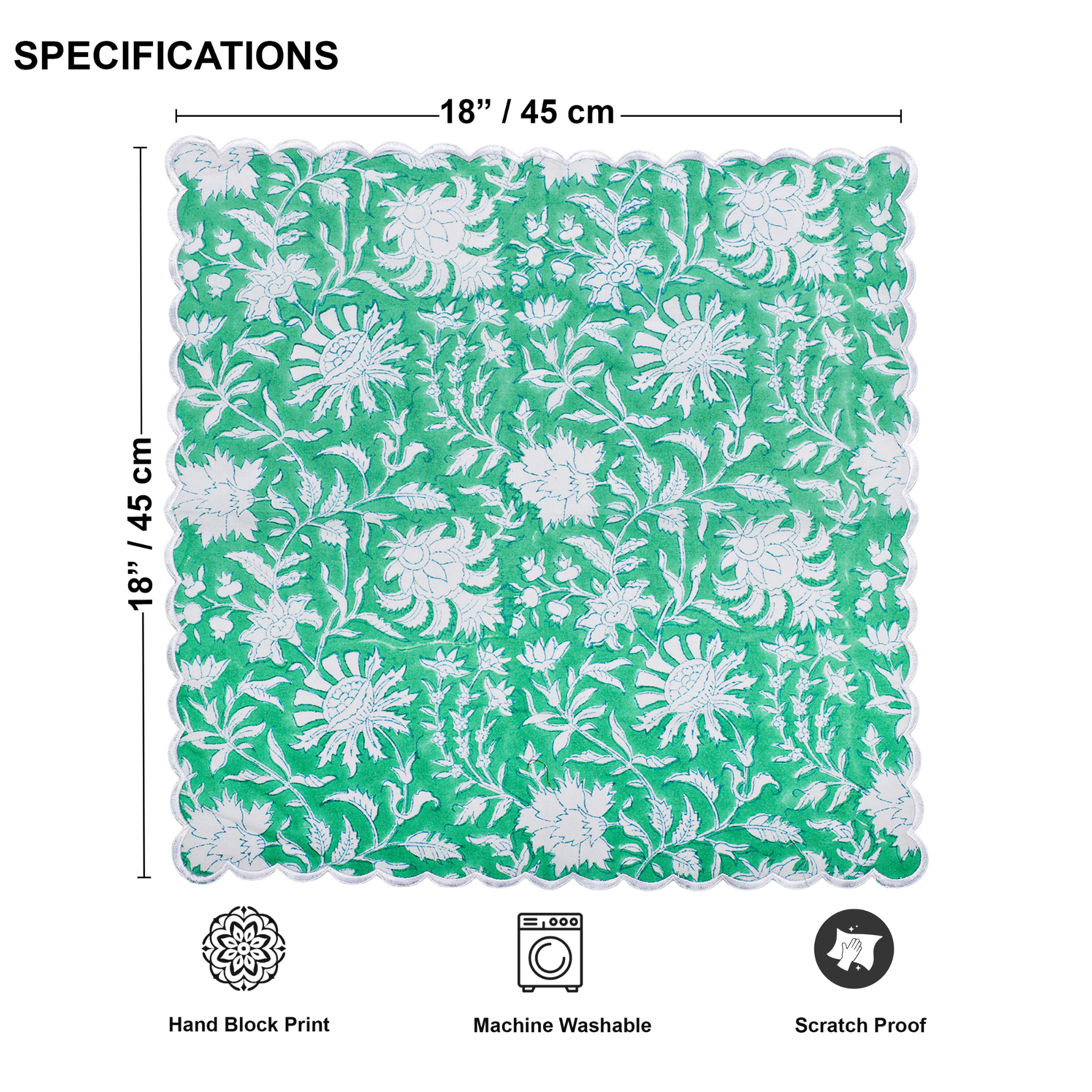 Green and white floral patterned mat with dimensions and care instructions on a white background