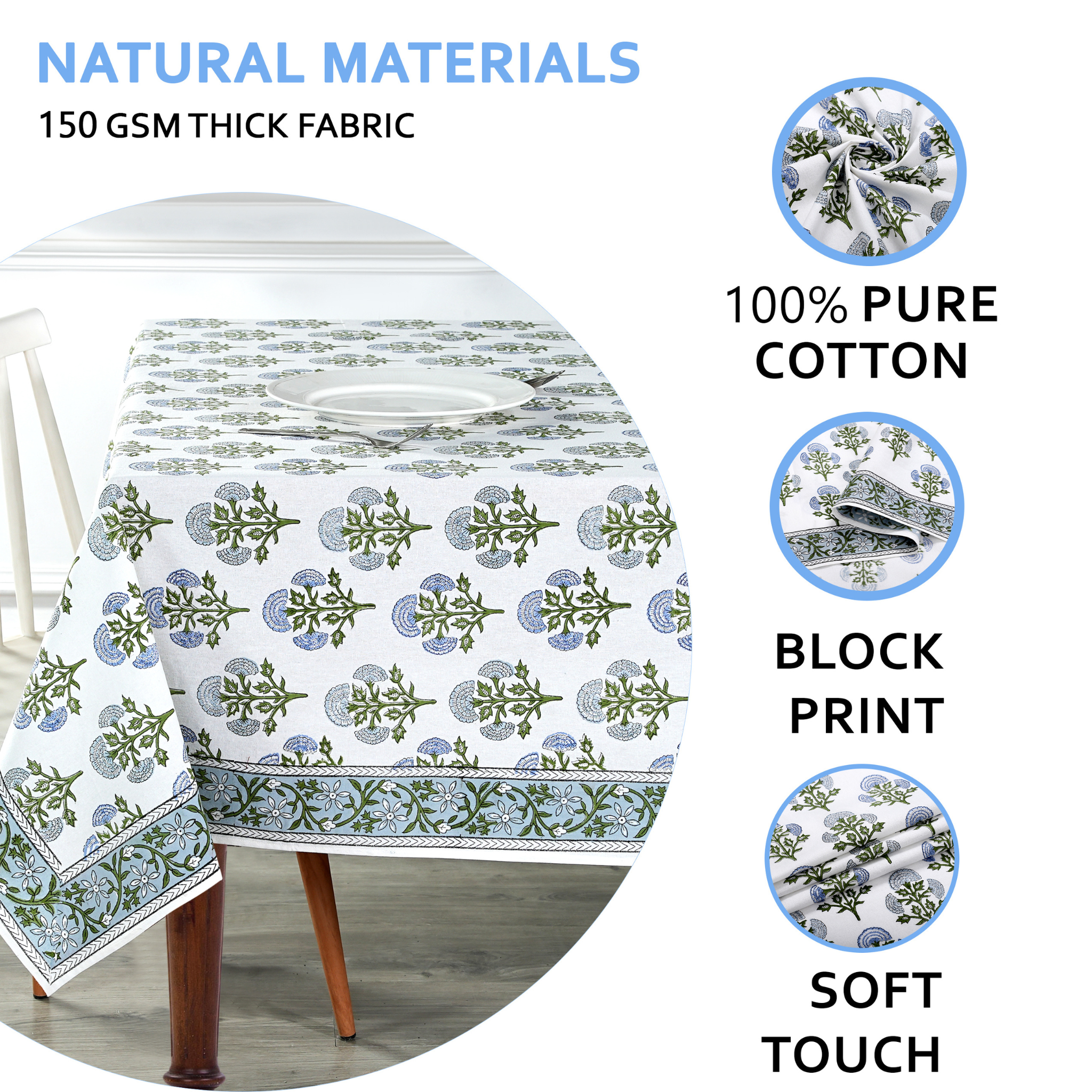 Floral patterned tablecloth on a table with text highlighting natural materials and features.