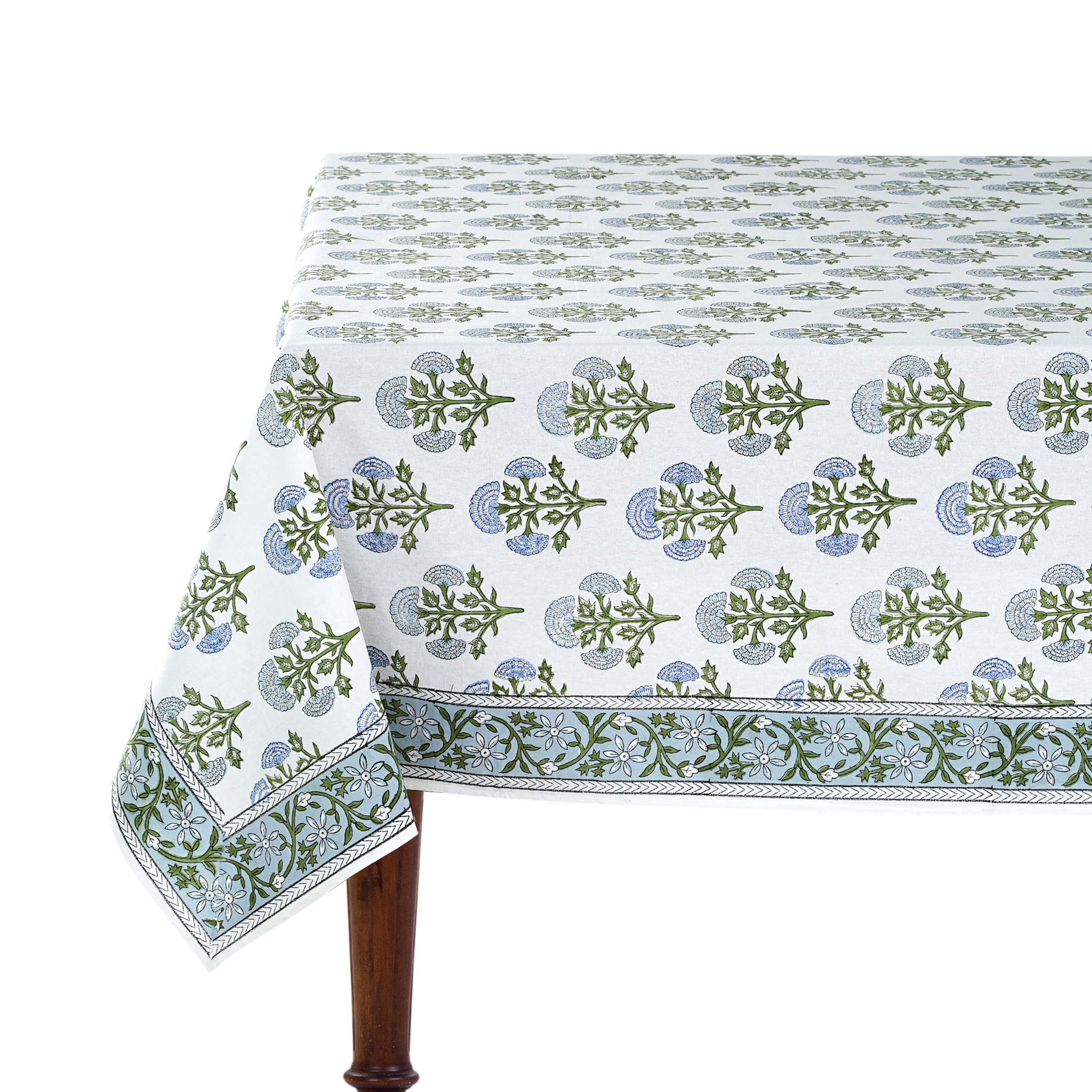 Tablecloth with green floral pattern on a white background