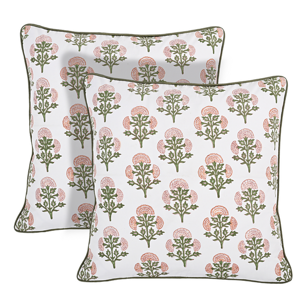 Two decorative pillows with floral pattern on a white background