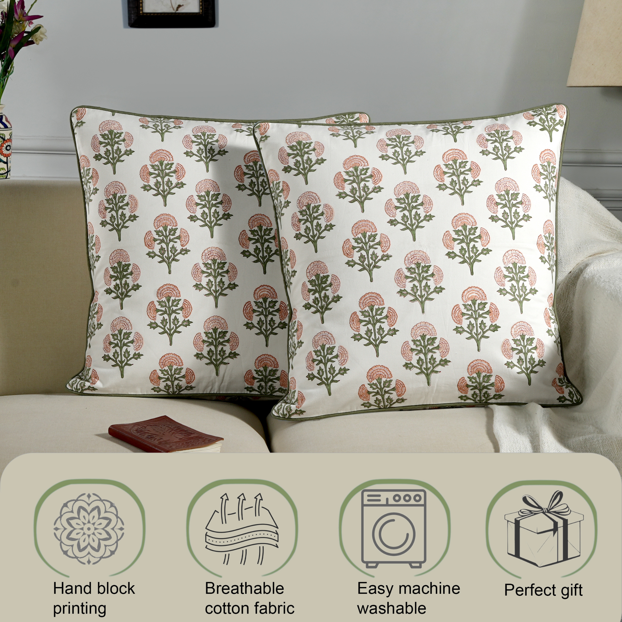 Floral patterned pillows on a bed with product features listed below.