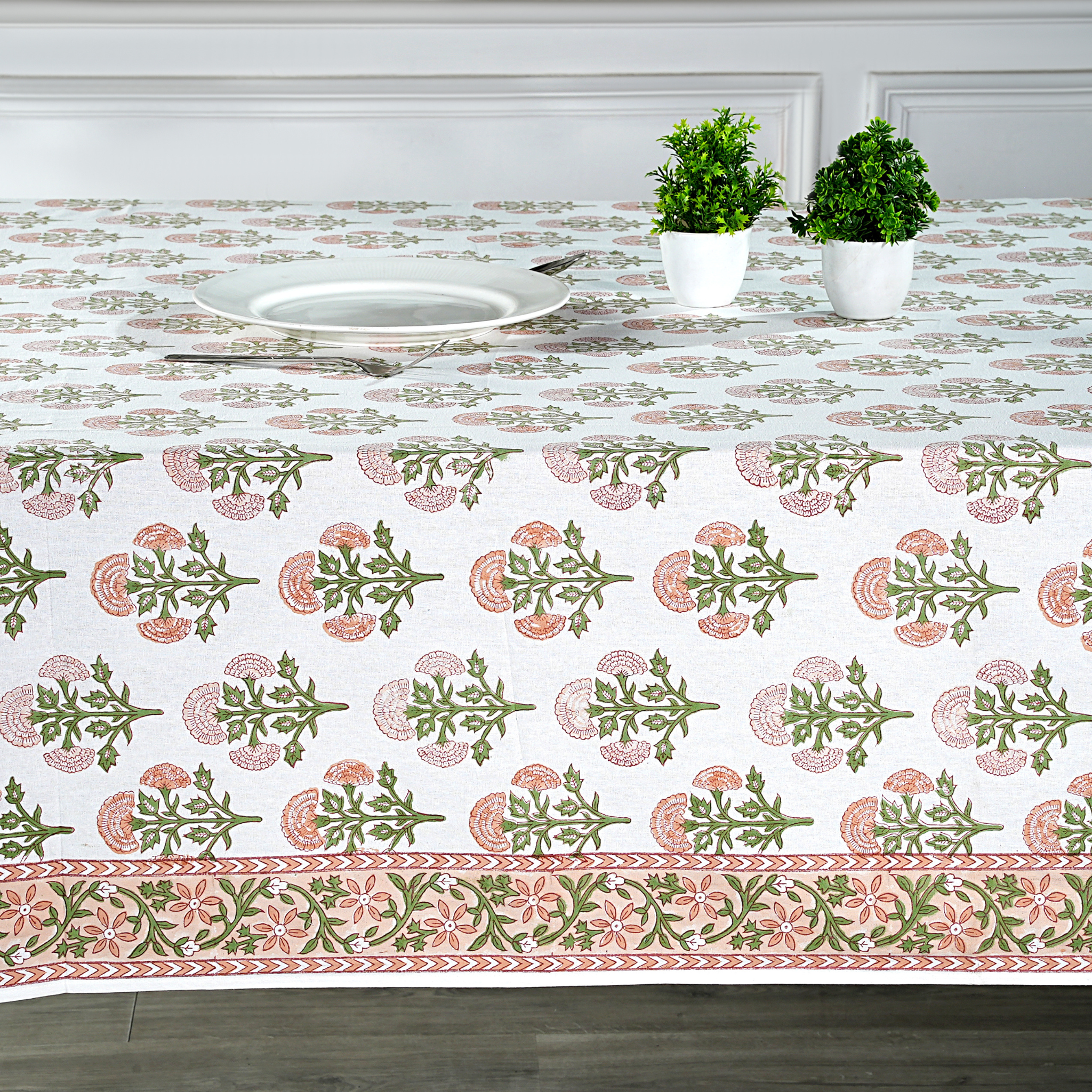 Tablecloth with floral pattern on a dining table