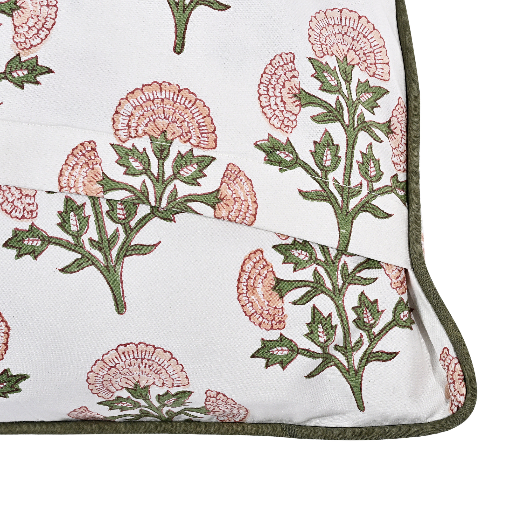 Floral patterned fabric with pink flowers and green leaves on a white background
