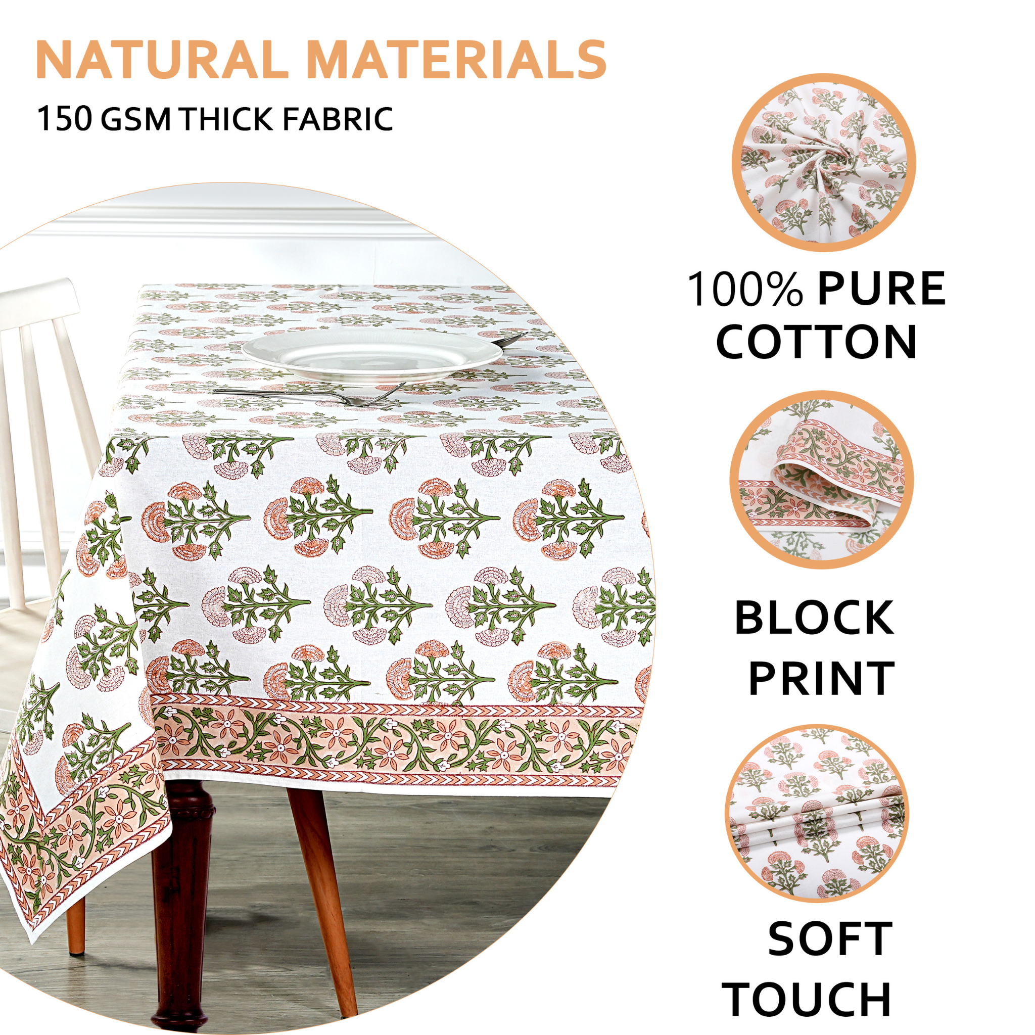 Tablecloth with floral pattern on a table, featuring text about natural materials and fabric quality.