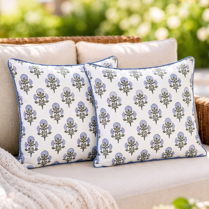 Mughal Buta Blue Piping Pillow Cover