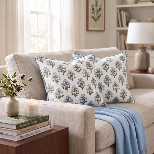 Mughal Buta Blue Piping Pillow Cover Ridhi Block Print