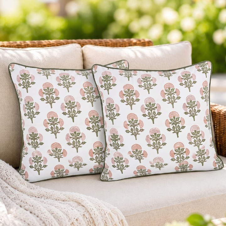 Mughal Buta Peach Piping Pillow Cover Ridhi Block Print