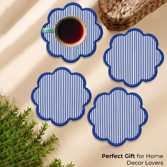 Hand Block Print Cotton Drink Coaster - Navy Blue Stripe RIDHI