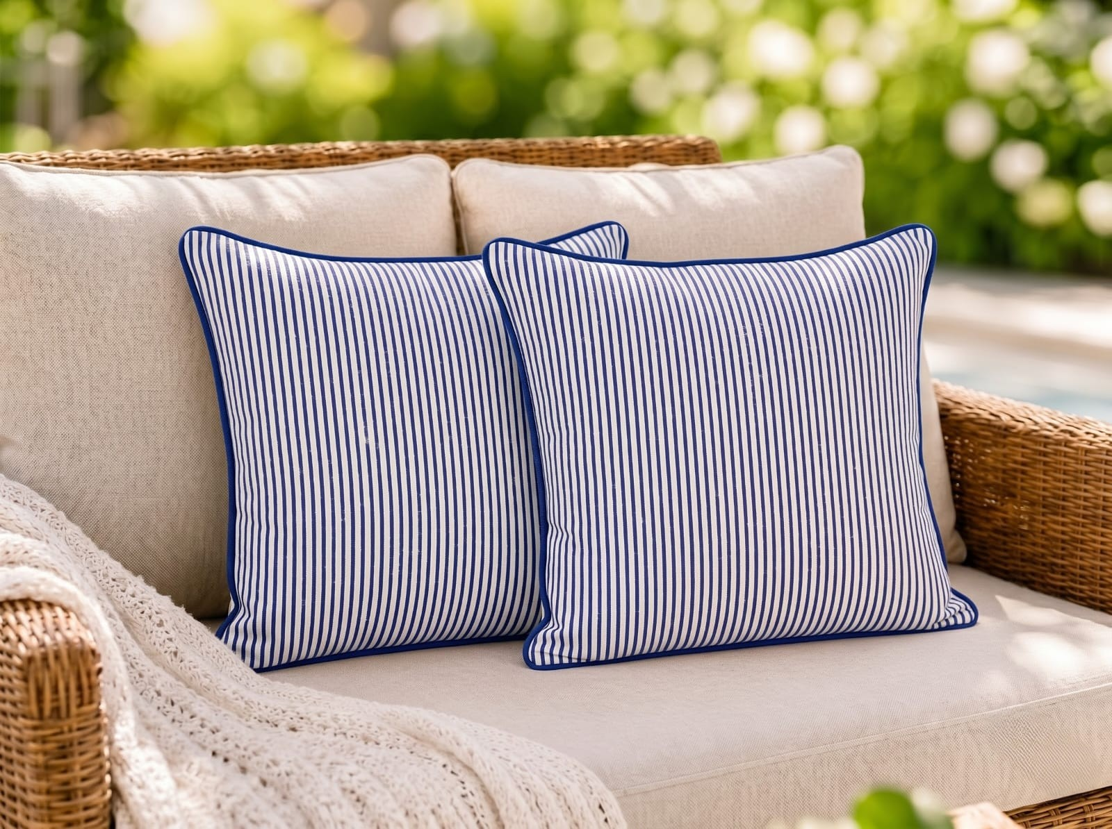 Navy Blue Striped Cotton Piping Pillow Cover RIDHI
