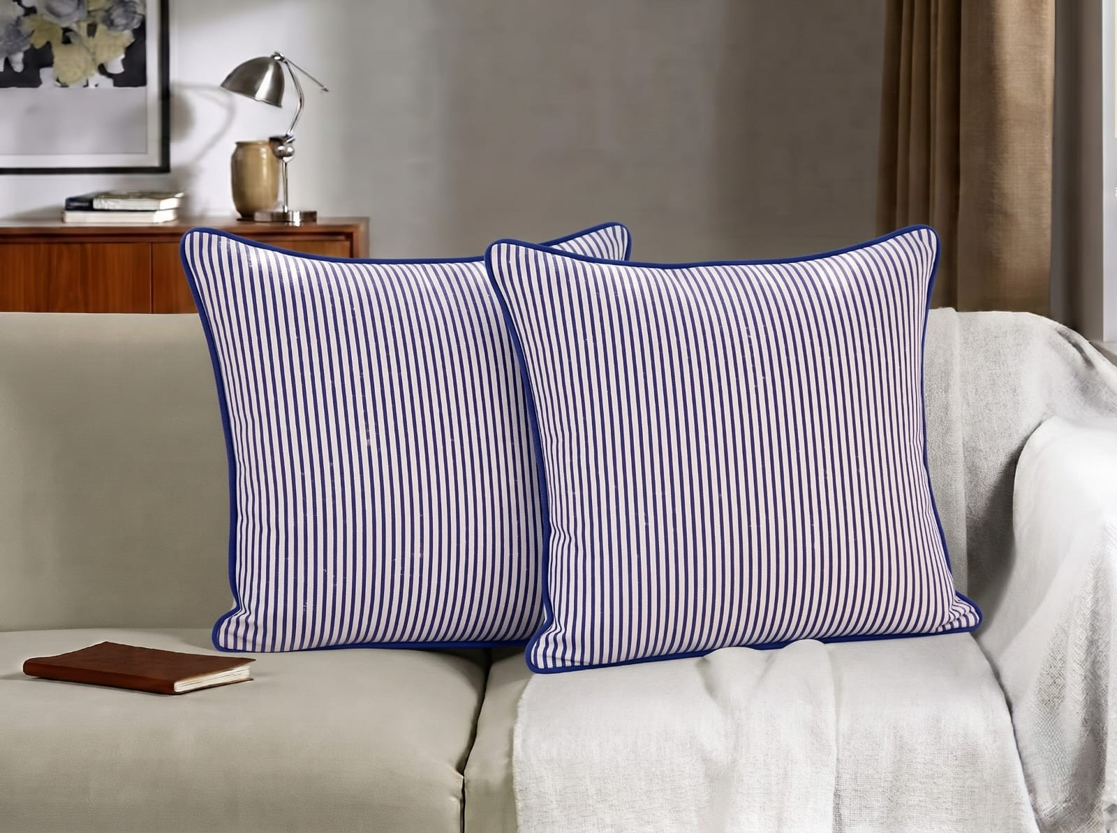 Navy Blue Striped Cotton Piping Pillow Cover RIDHI