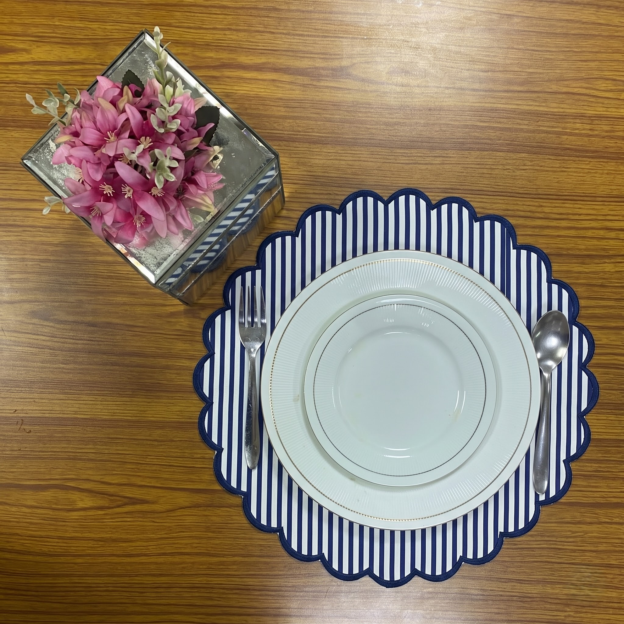 Navy Blue Stripe Round Placemat Ridhi Block Print