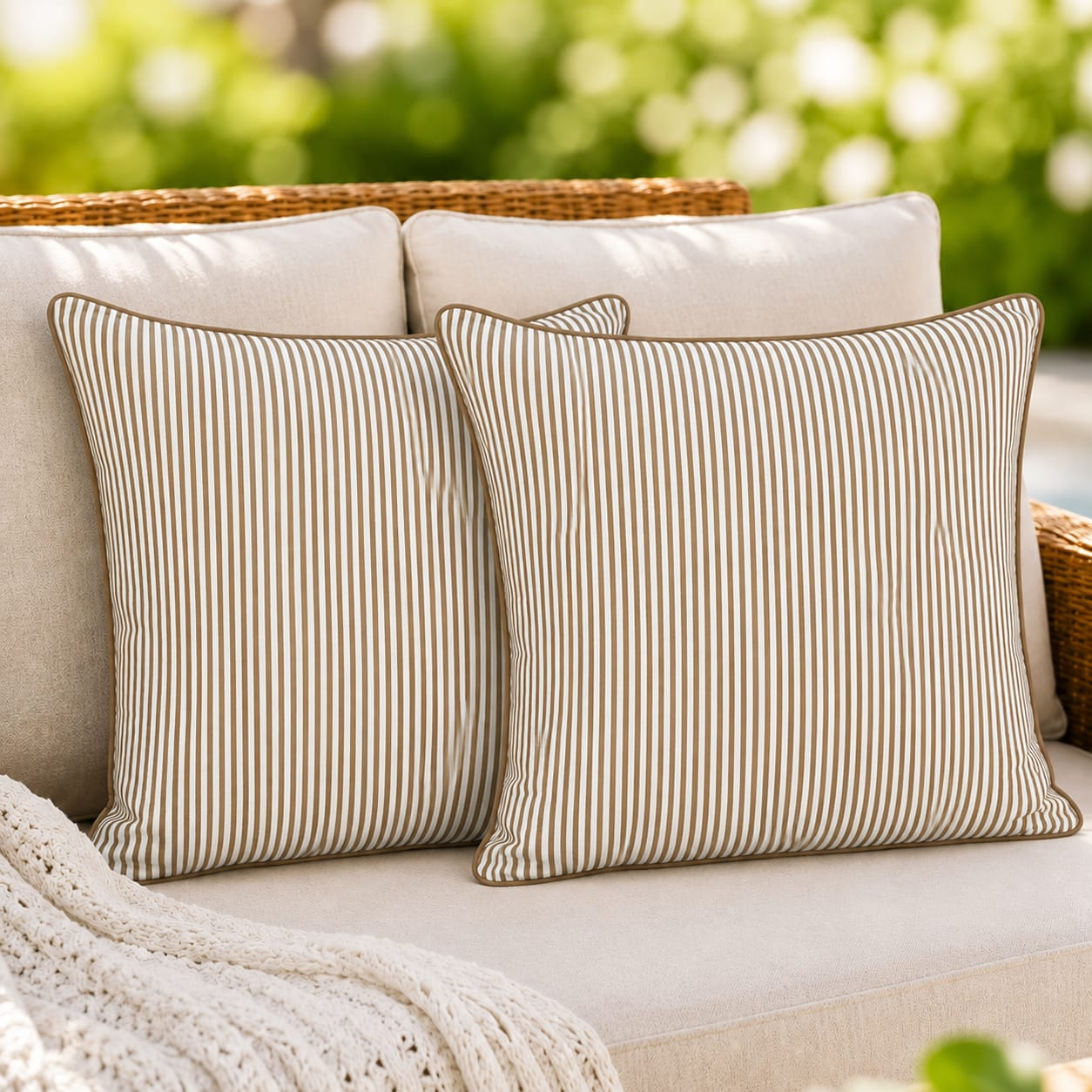Oatmeal Brown Striped Cotton Piping Pillow Cover RIDHI