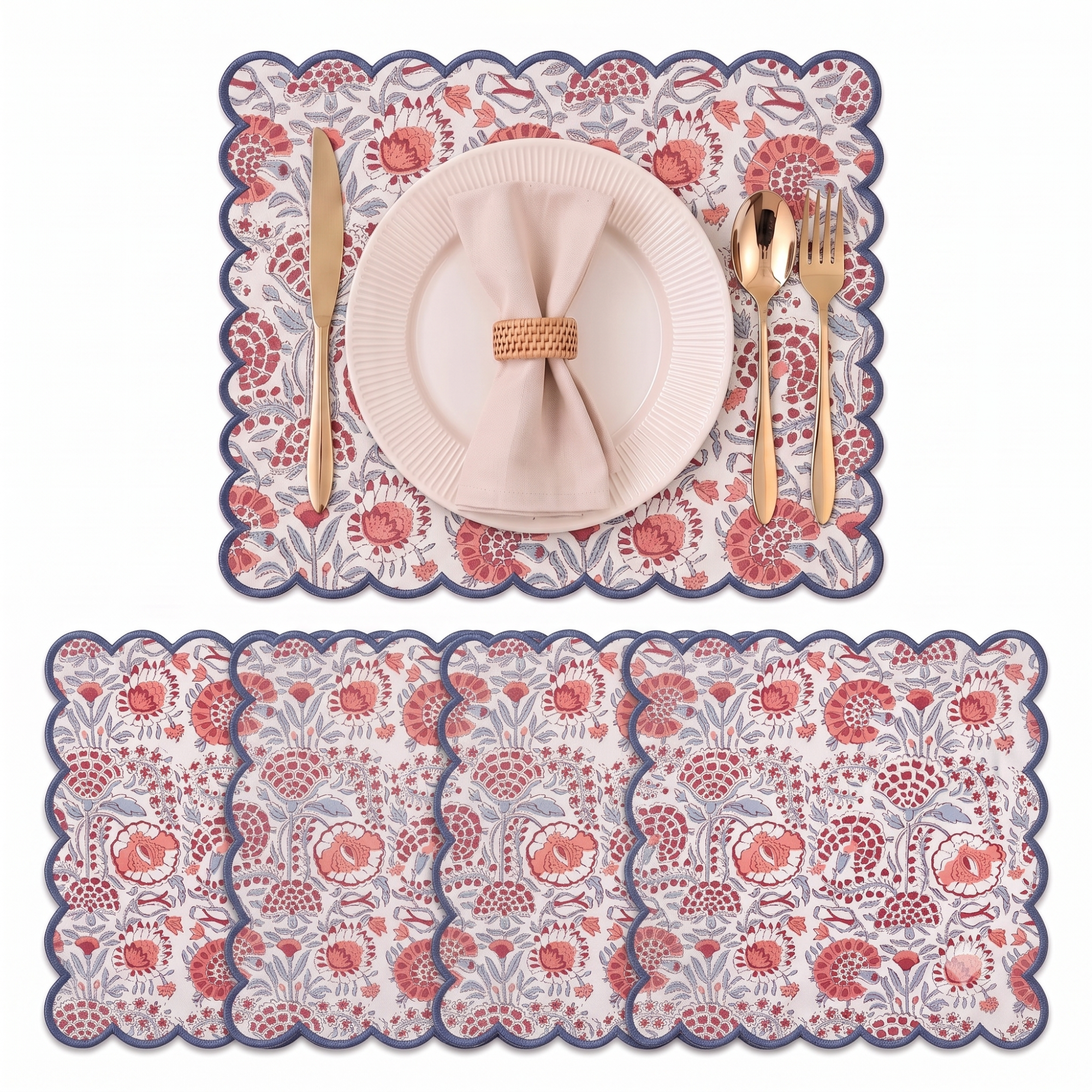 Pigeon Blue And Flamingo Pink Round Placemat Ridhi Block Print