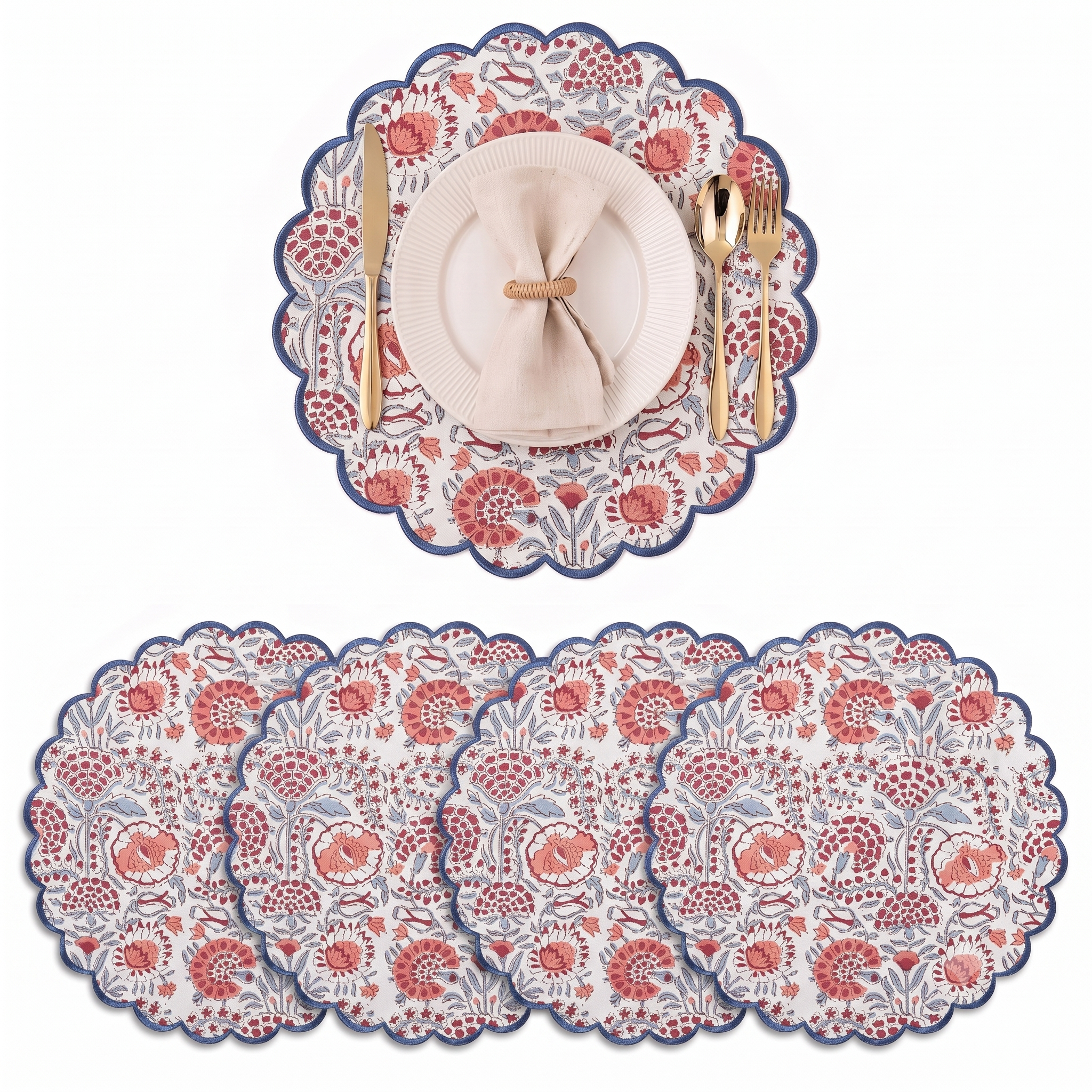 Pigeon Blue And Flamingo Pink Round Placemat Ridhi Block Print
