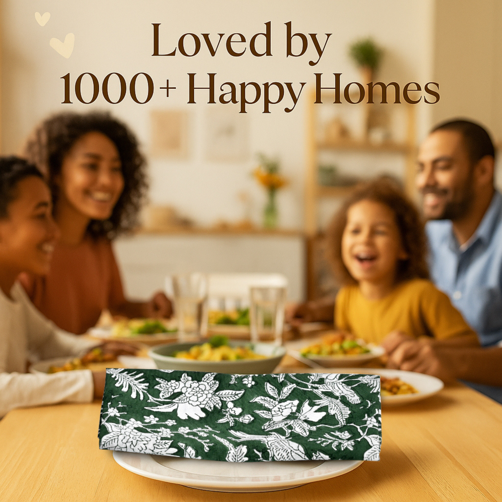 Family enjoying a meal together with a floral napkin in the foreground.