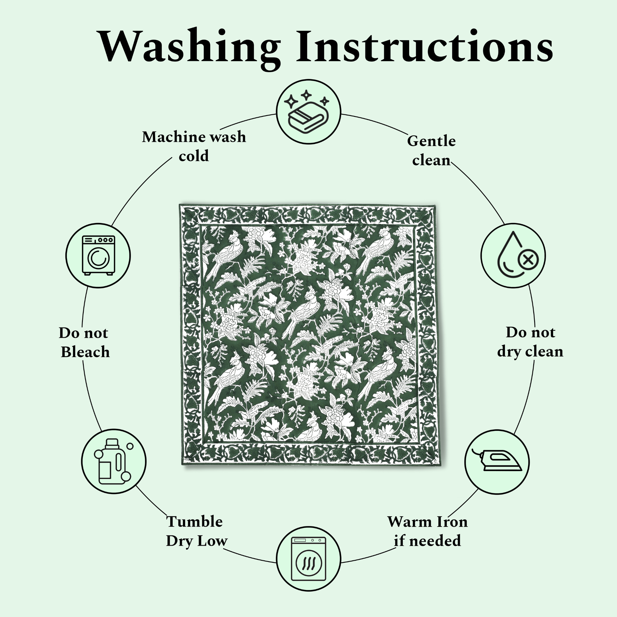 Washing instructions for a fabric product with icons and text on a light green background.