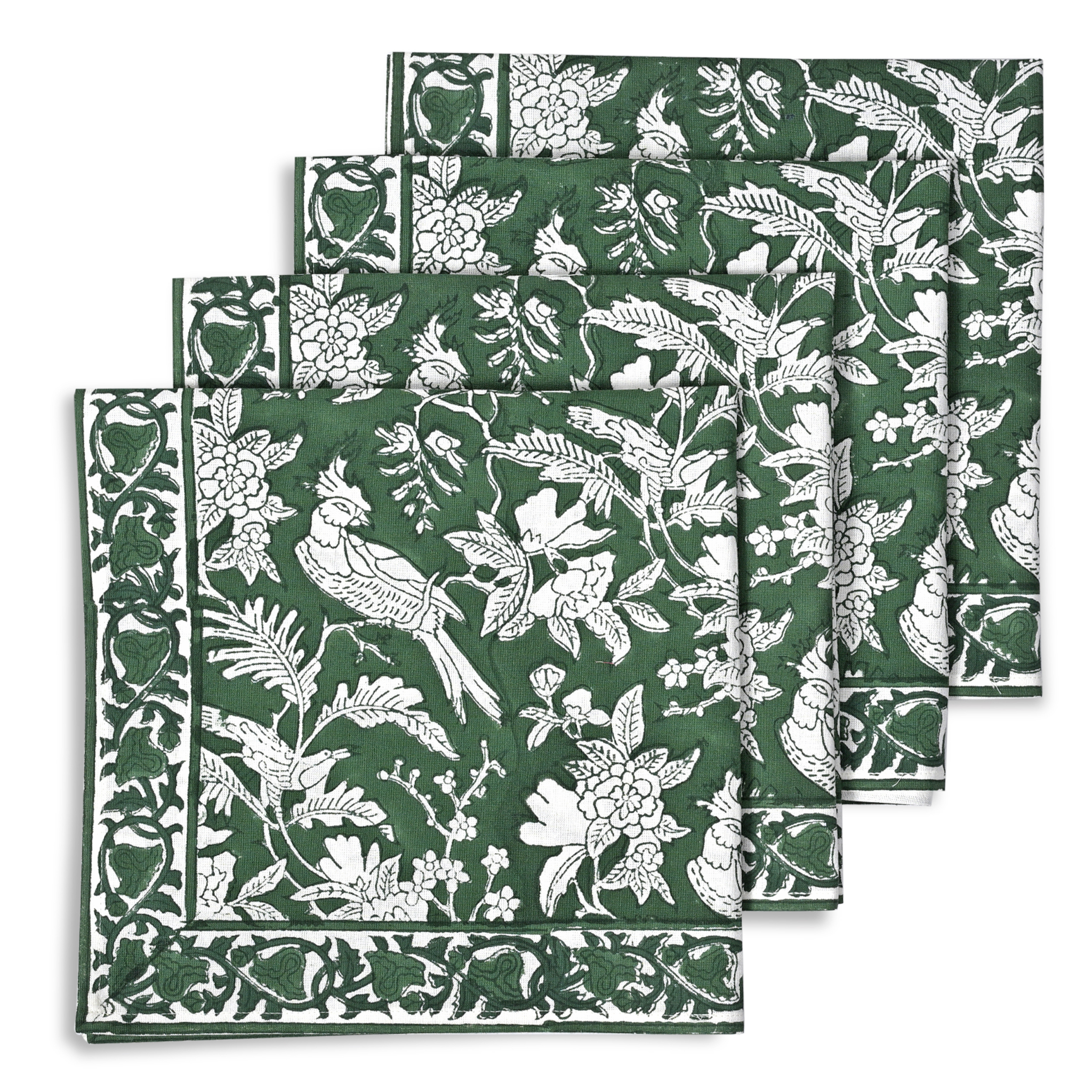 Set of green napkins with white floral and bird pattern