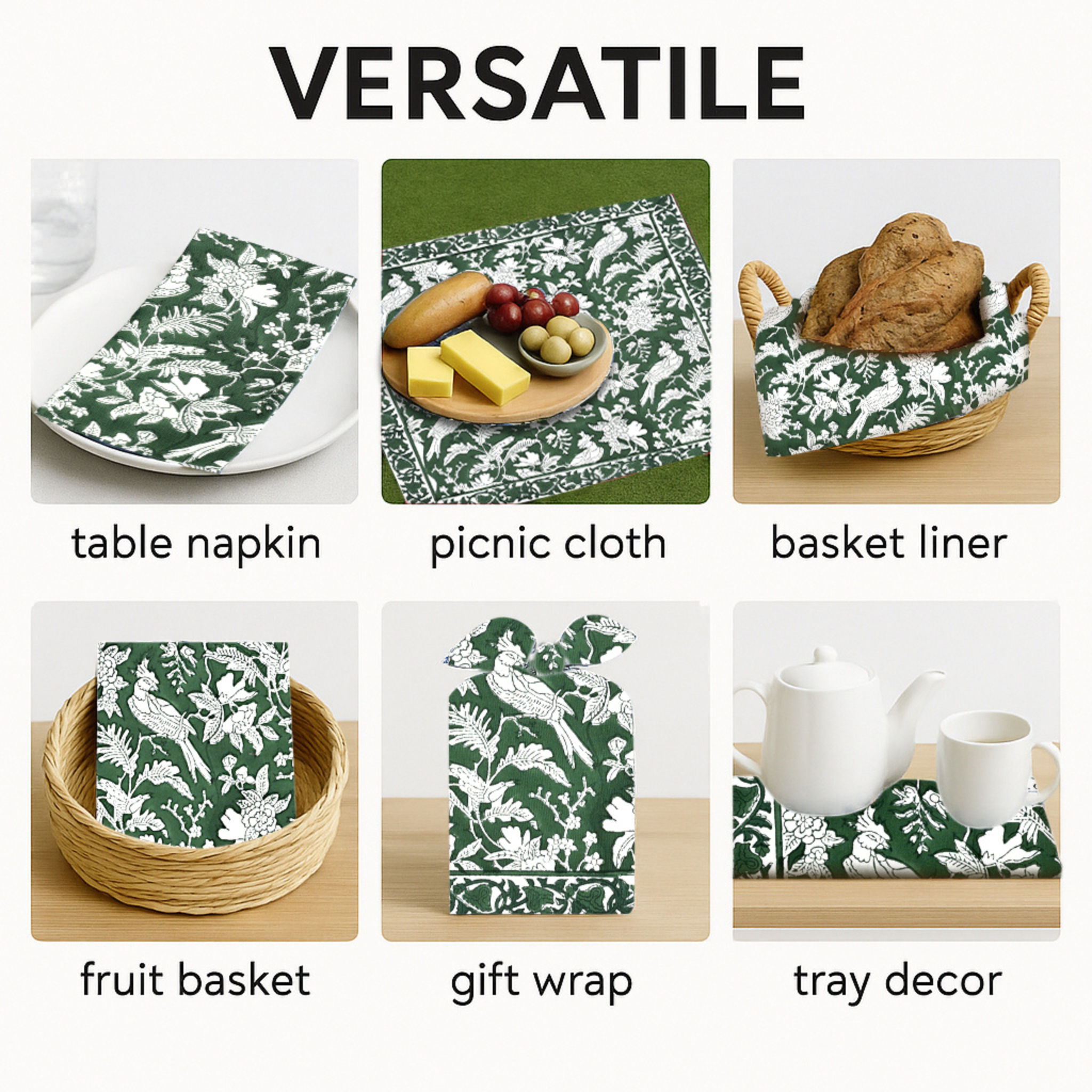 Green and white patterned table napkin, picnic cloth, basket liner, fruit basket, gift wrap, and tray decor with 'VERSATILE' text.