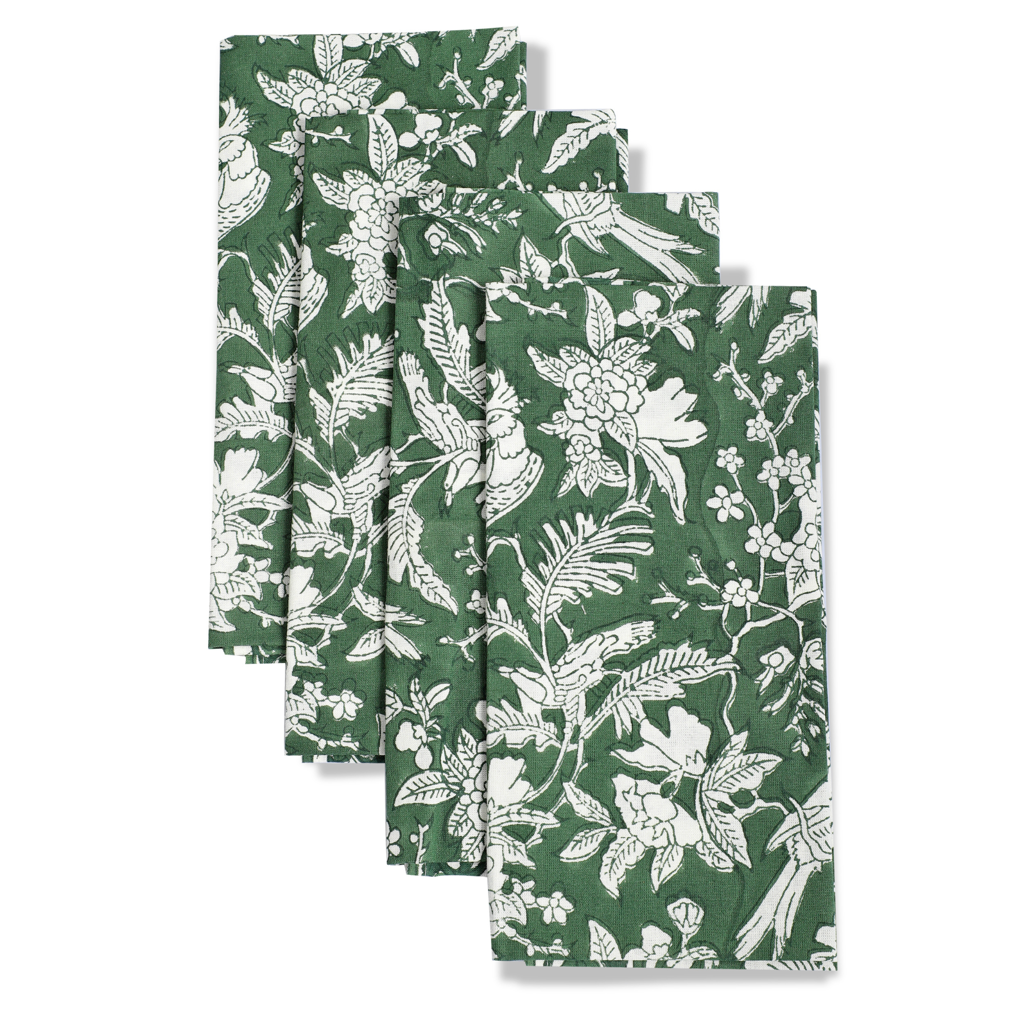 Set of four green napkins with white floral patterns on a white background