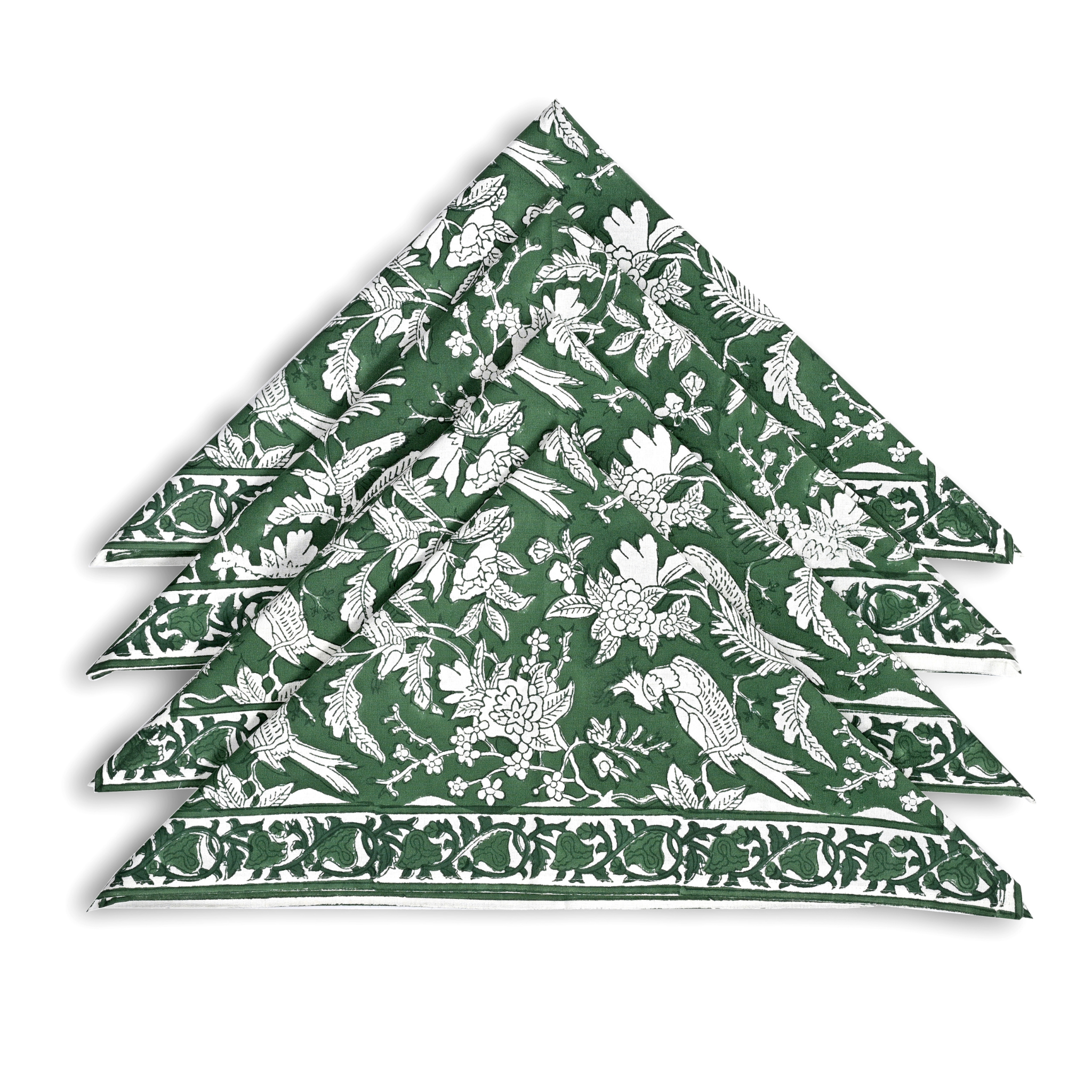 Set of green and white patterned napkins stacked on a white background