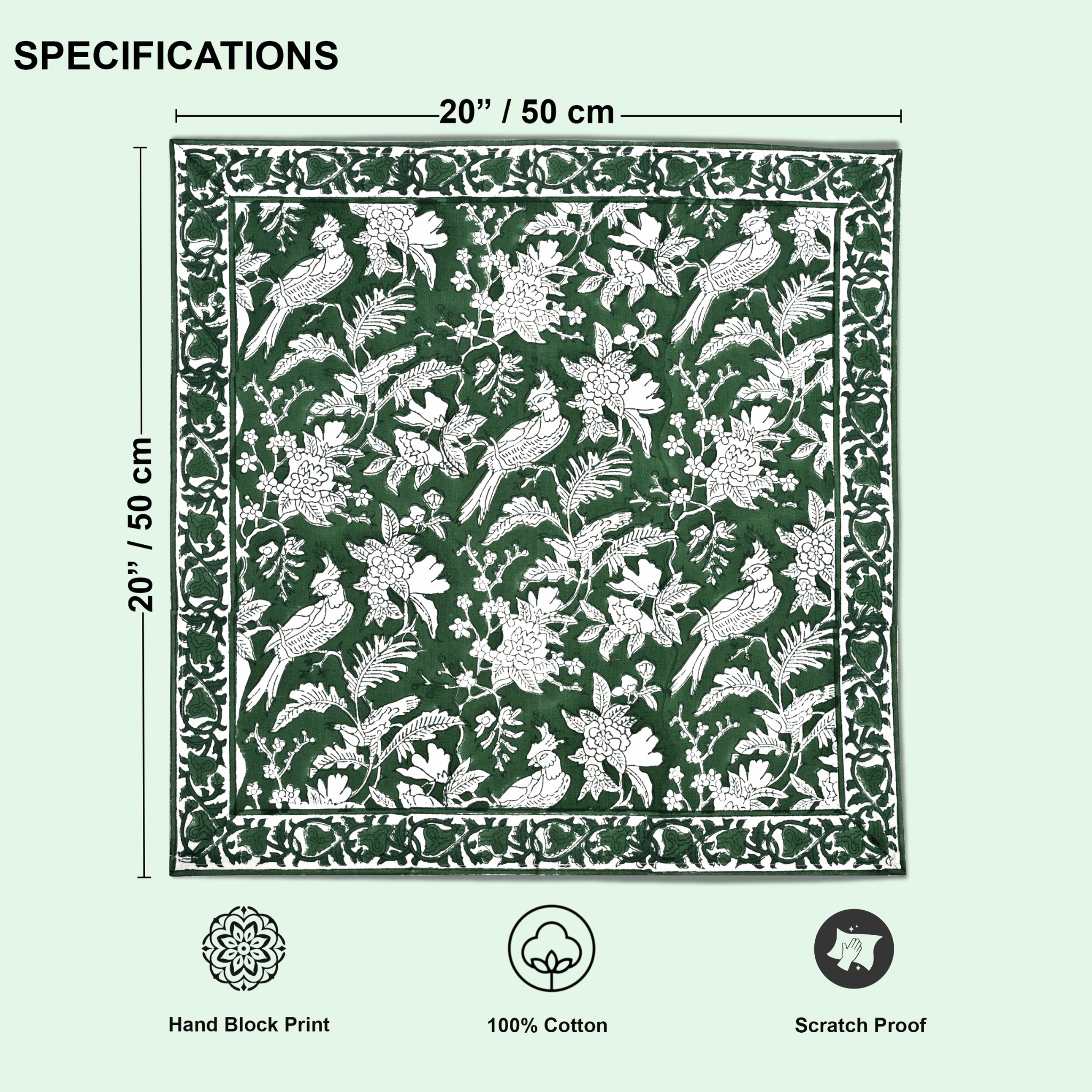 Patterned fabric with measurements and product features on a green background
