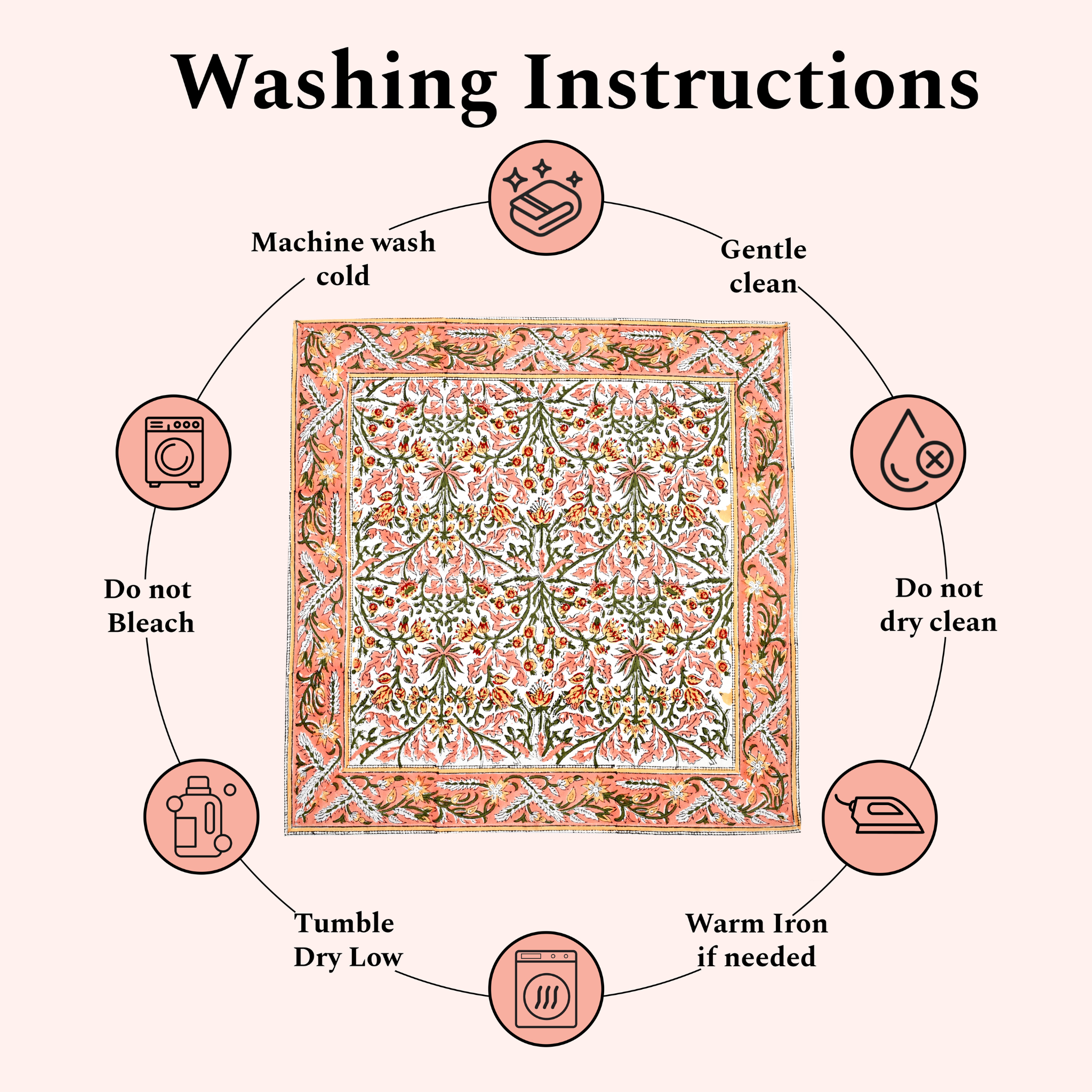 Washing instructions for a fabric product with icons and text on a white background