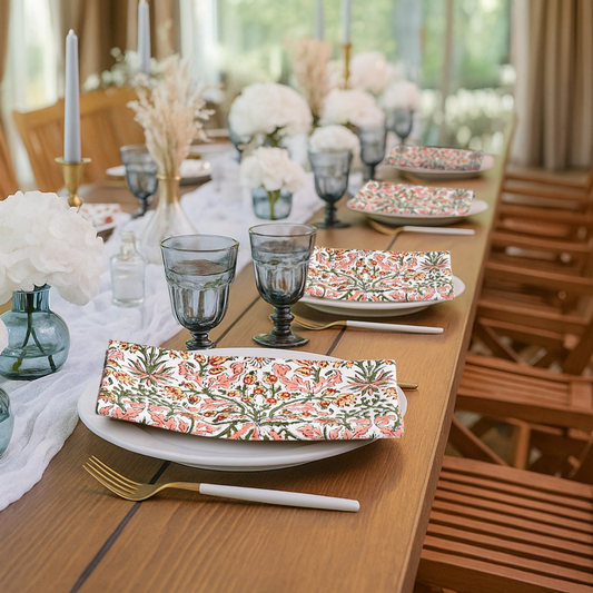Dining table set with floral plates, glasses, and cutlery in a bright room.