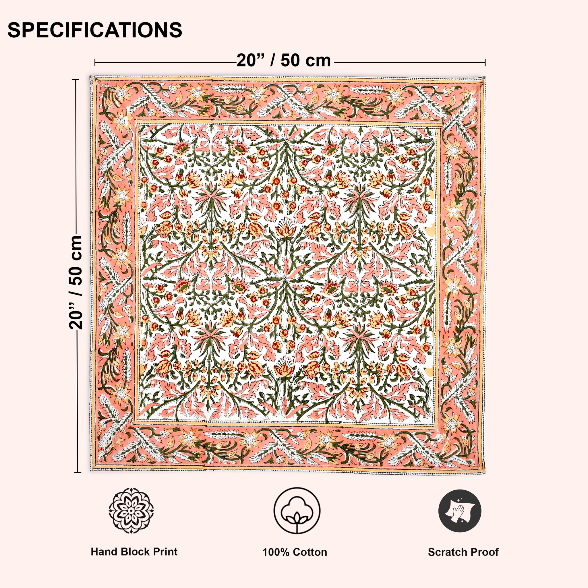 Decorative rug with floral pattern and dimensions, featuring hand block print, 100% cotton, and scratch proof properties.