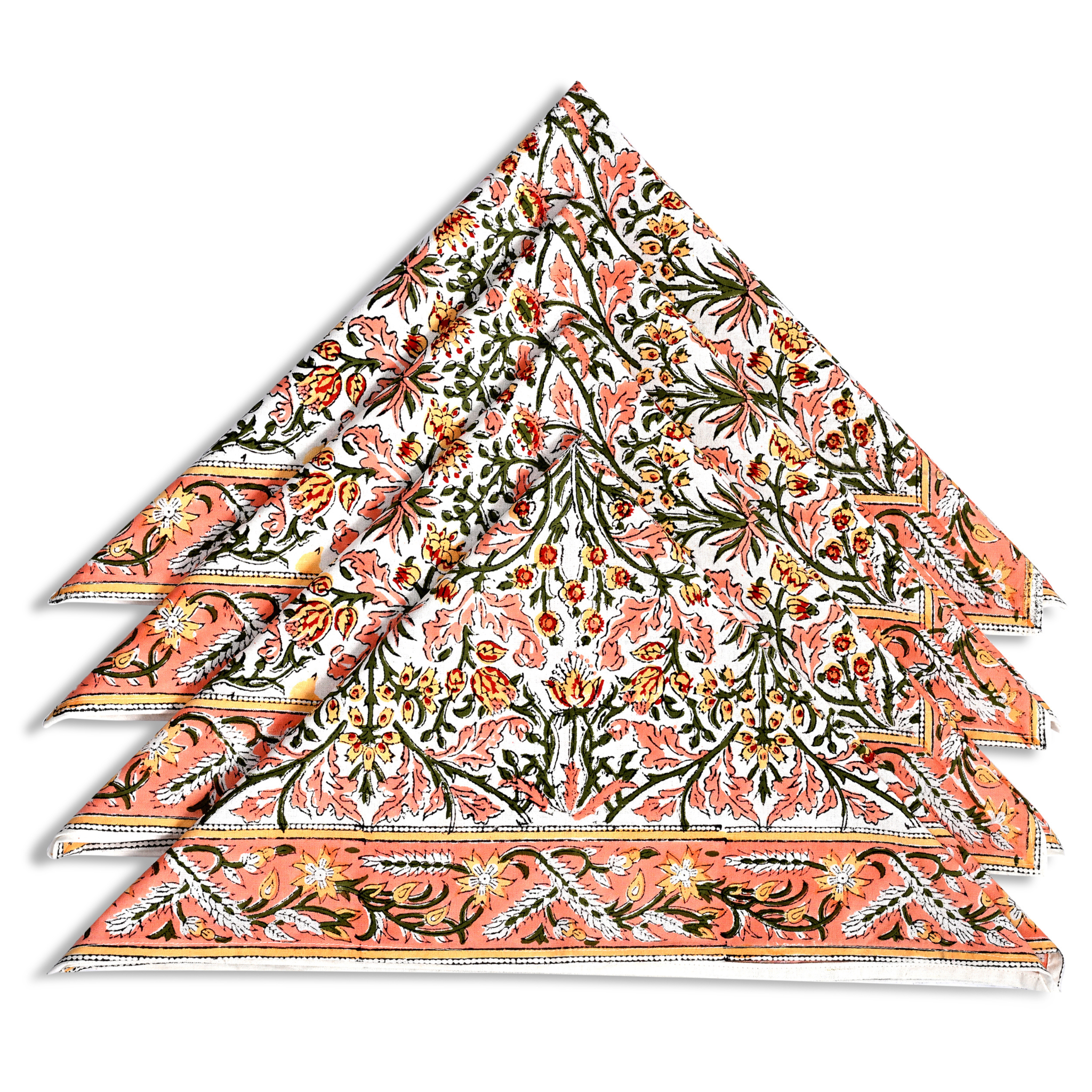Set of four floral patterned napkins on a white background