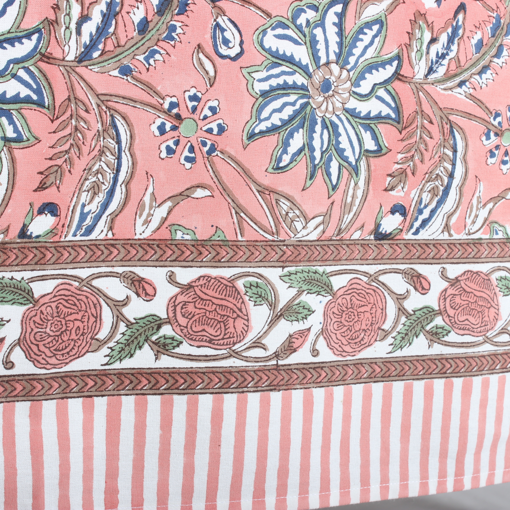 Close-up of a fabric with floral and striped patterns on a pink background