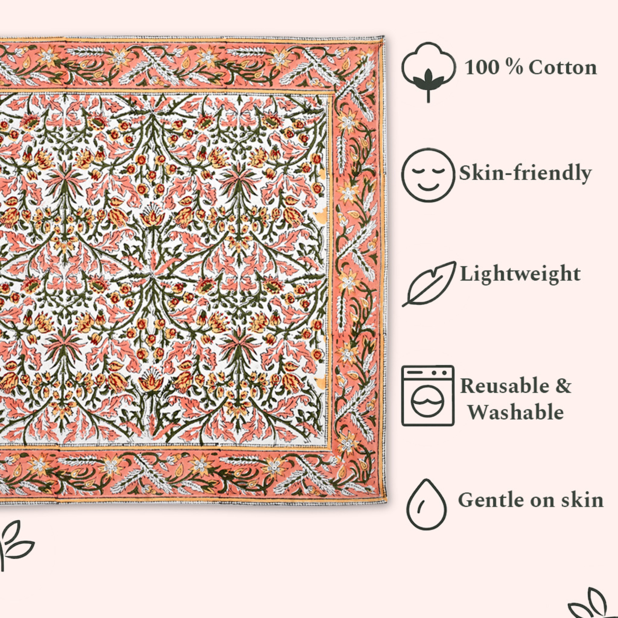 Floral patterned fabric with sustainability and care instructions on a white background