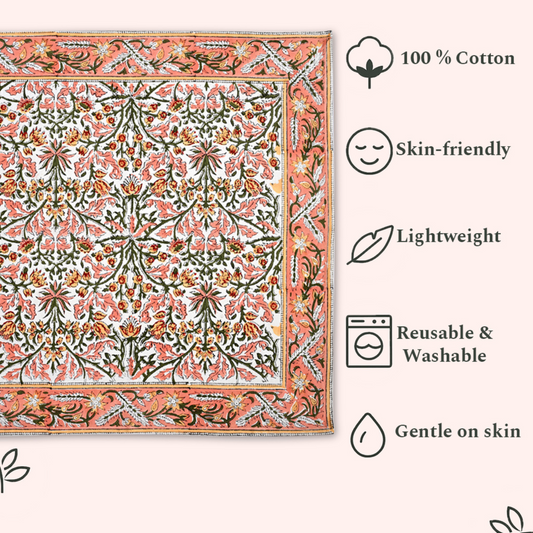Floral patterned fabric with sustainability and care instructions on a white background